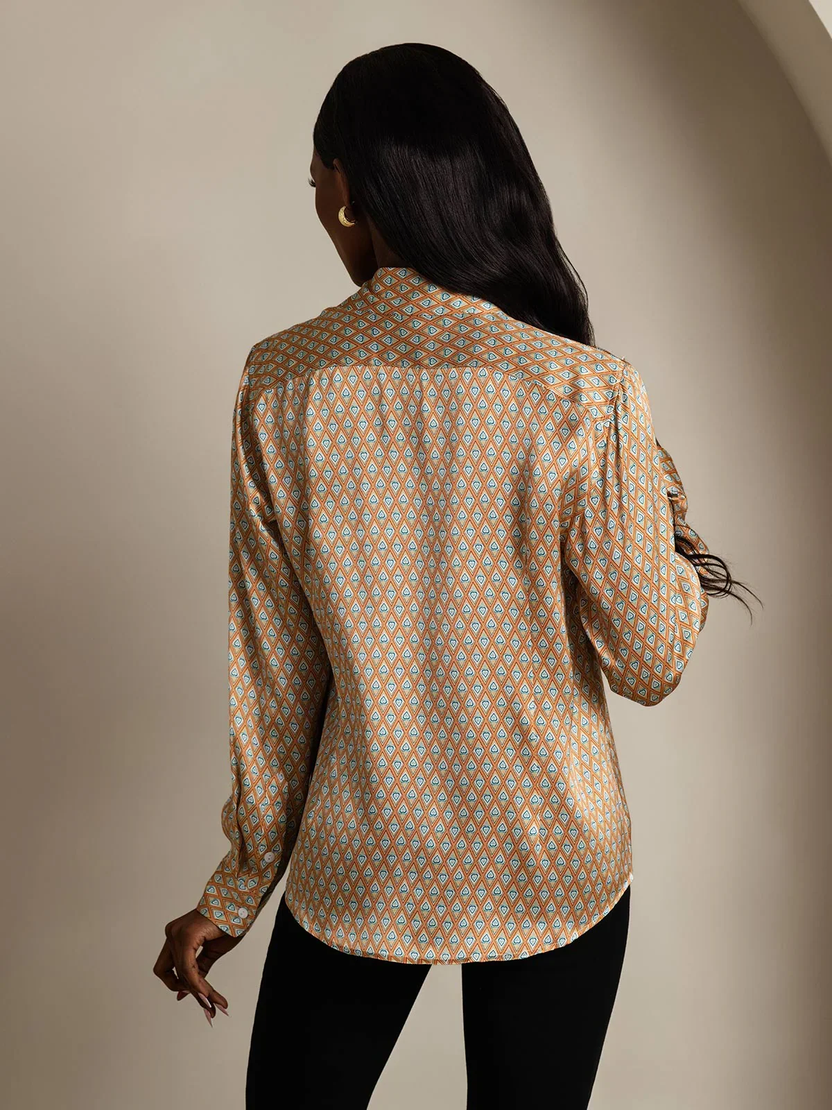 19Momme Silk Geometric Print Long Sleeve Lapel Collar Women's Shirt
