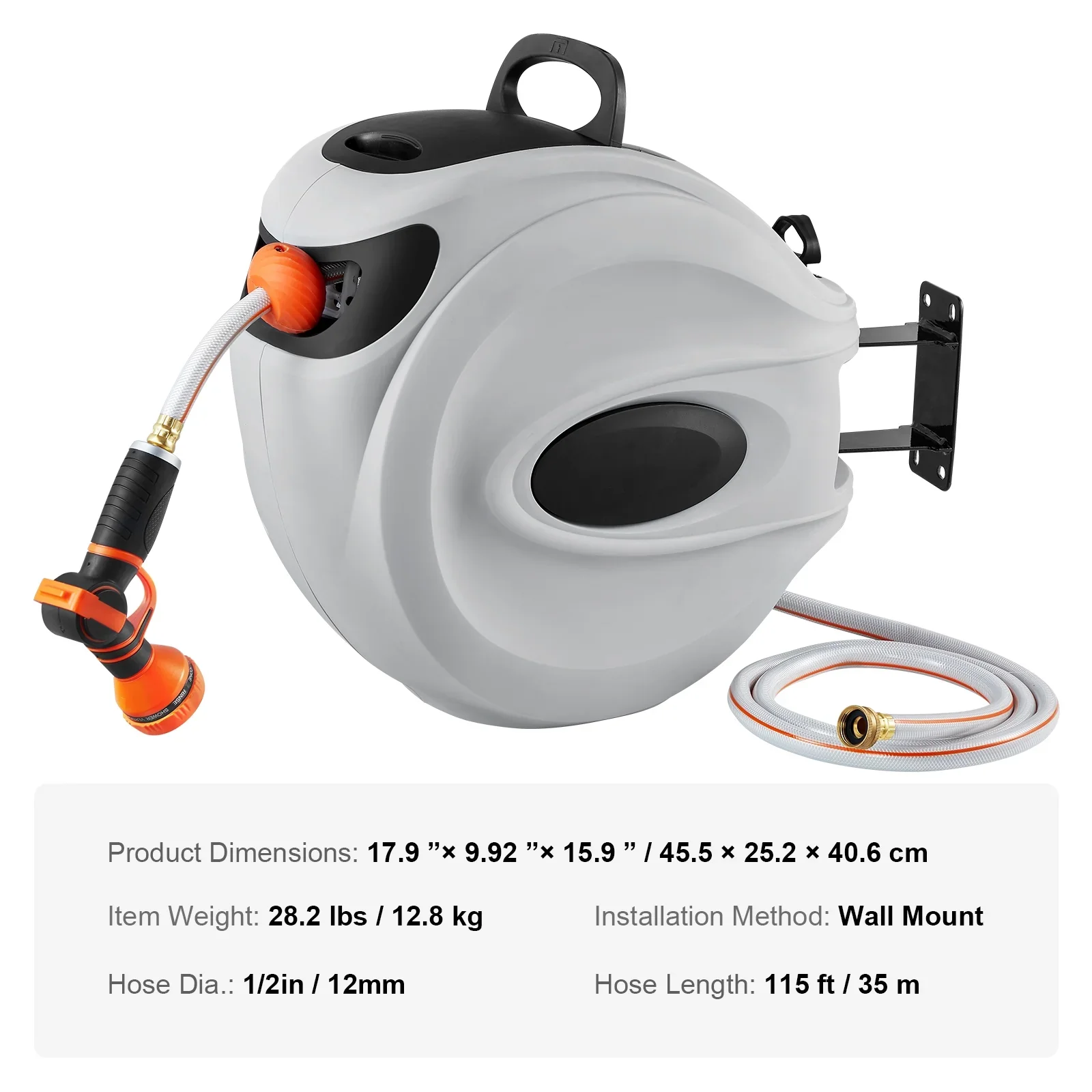 BENTISM Retractable Hose Reel, 115 ft x 1/2 inch, 180�� Swivel Bracket Wall-Mounted, Garden Water Hose Reel with 9-Pattern Nozzle, Automatic Rewind, Lock at Any Length, and Slow Return System