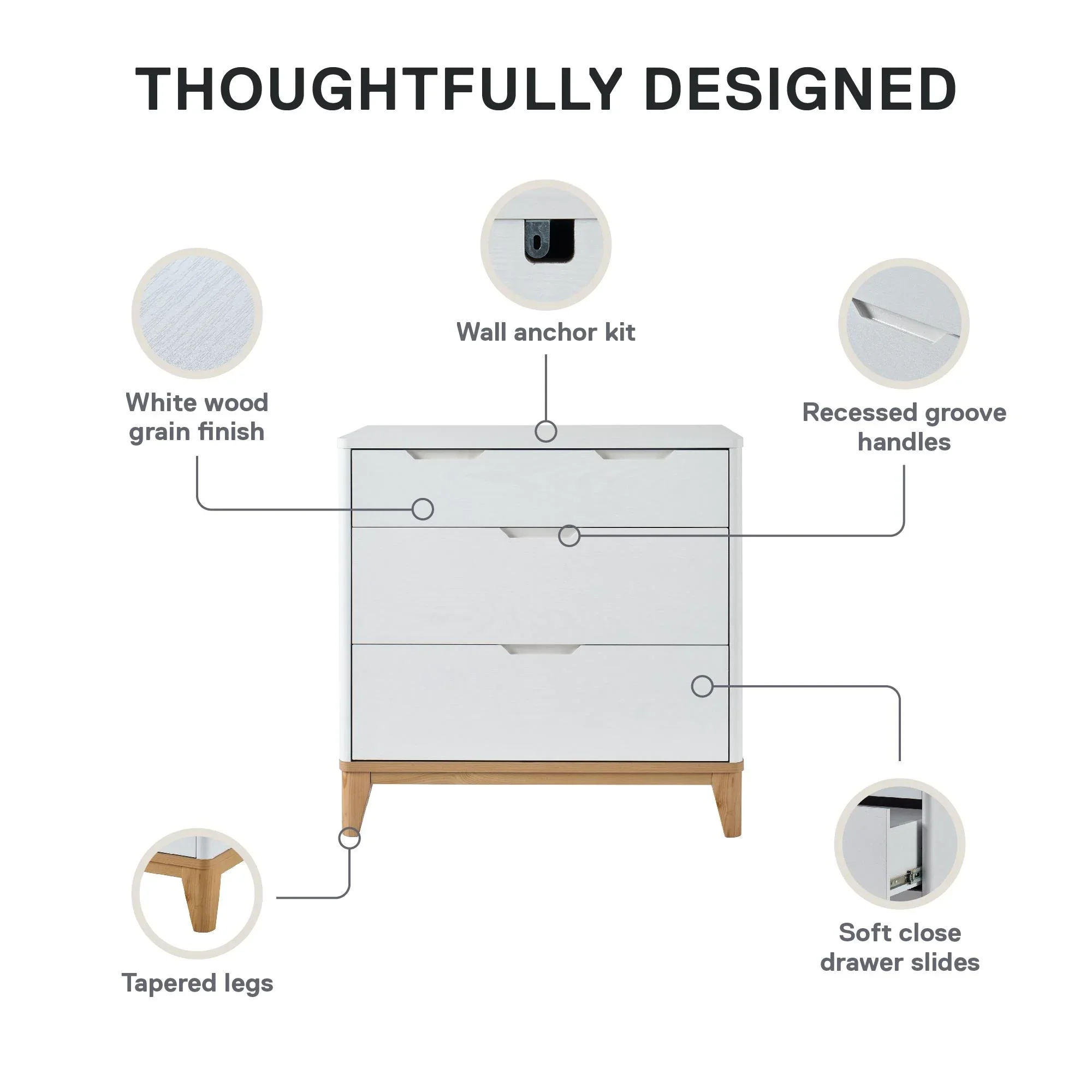 Better Homes & Gardens Leighton 3 Drawer Dresser, White and Natural