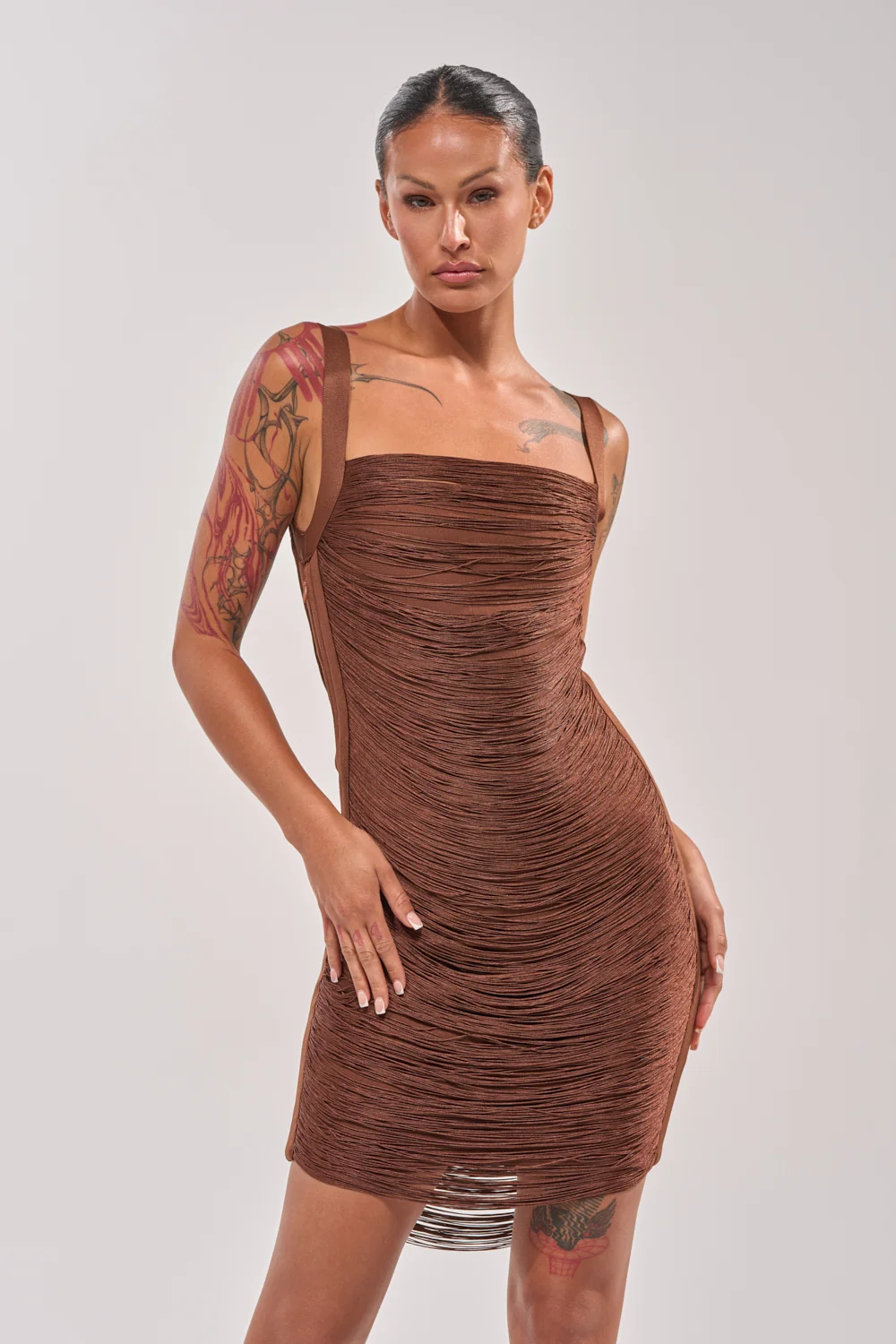HYPNOTIZE ME FRINGE MINI DRESS IN BROWN - Akira Store