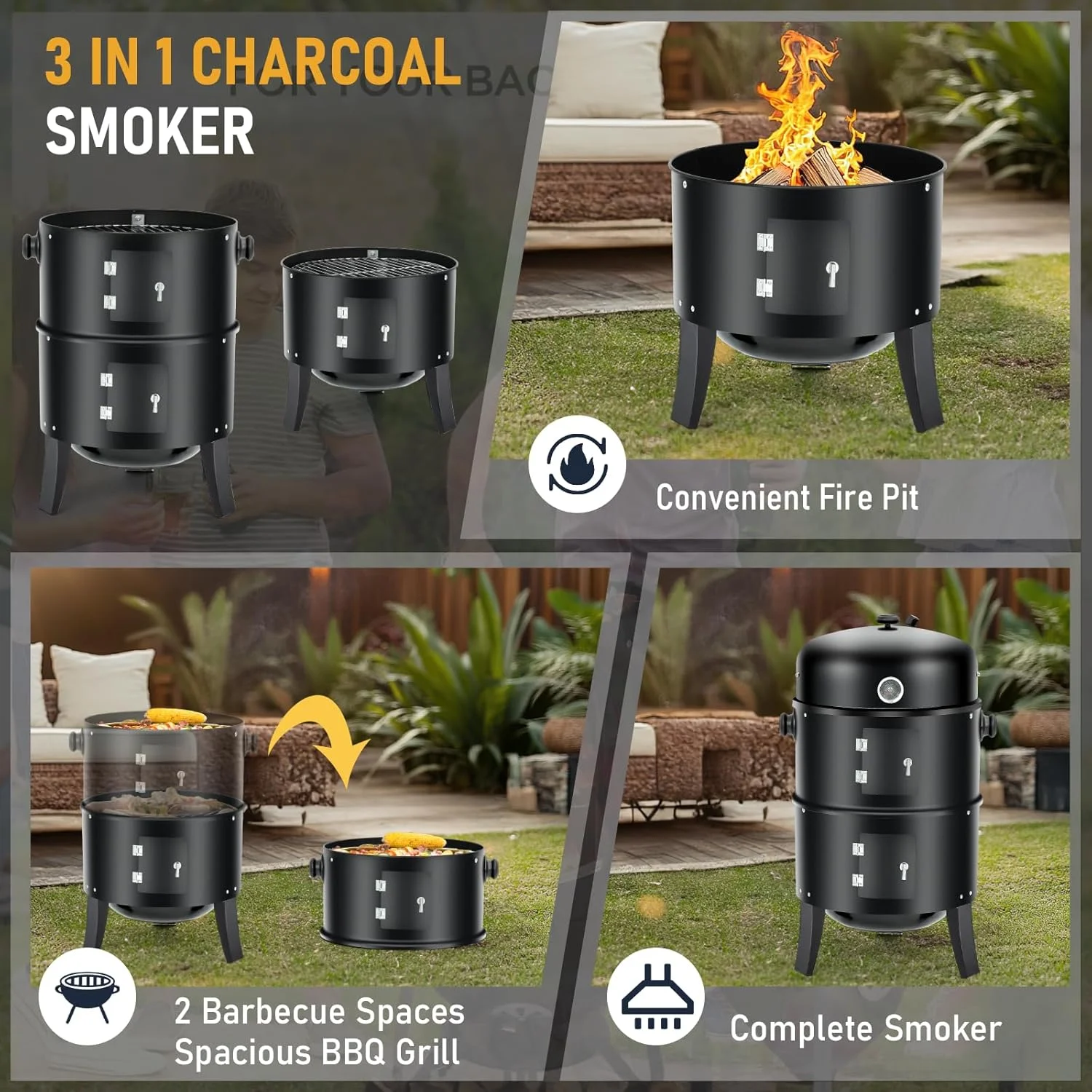 Vertical Smoker Black Iron Door, Cast Iron, Charcoal Fuel, Multi-Layer Versatile, 400 Square Inches Cooking Space - Image 3