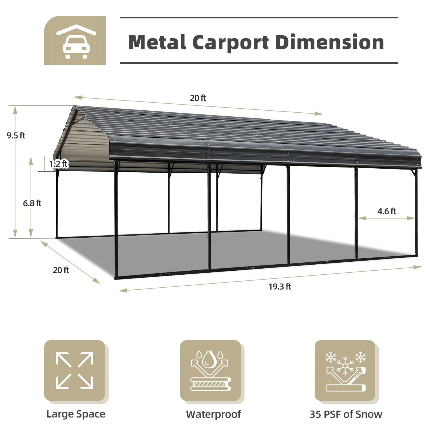 Carport 20x20 FT, Heavy Duty Car-port, Car-Shelter with Galvanized Metal Roof and Frame, Easy Assembly Car-Shed with Enhanced Base, Expanding Garage Space for Pickup, 2 Cars, Boat and Tractors(20' x 20') - Image 2