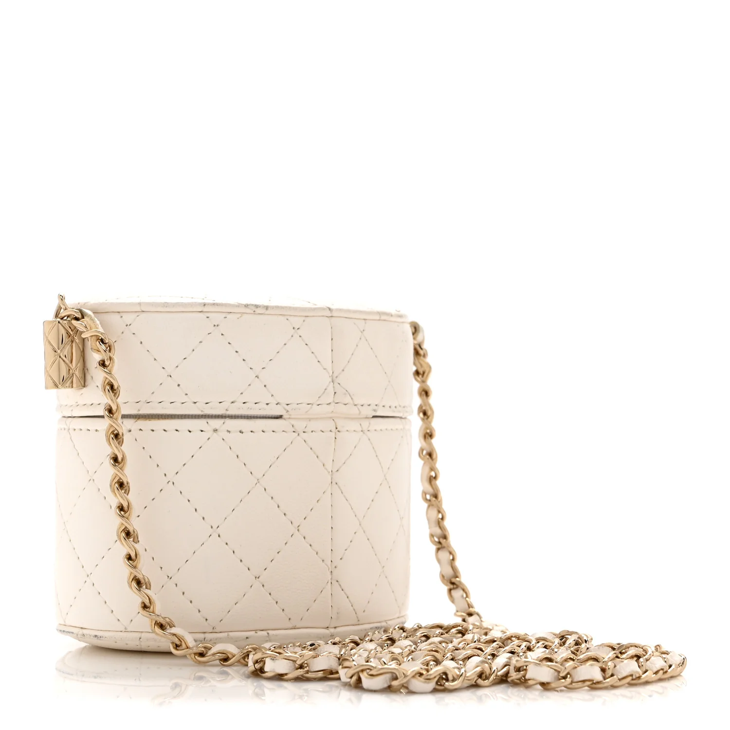Lambskin Quilted Round Mini Vanity Case With Chain Case With Chain White