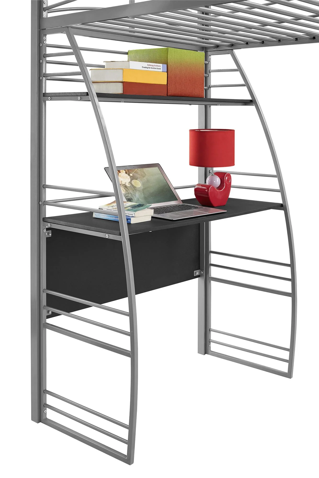 DHP Sage Studio Twin Metal Loft Bed with Integrated Desk and Shelves, Off White