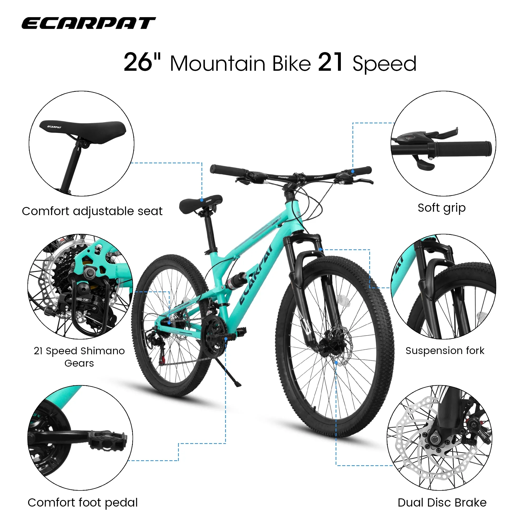 POVANLI  26 Inch Mountain Bike Adult Full Shimano 21 Speed Mountain Bike, Dual Disc Brake, Aluminum Frame Disc Brake, Front Suspension, Mountain biking for both men and women, Black (Gift)