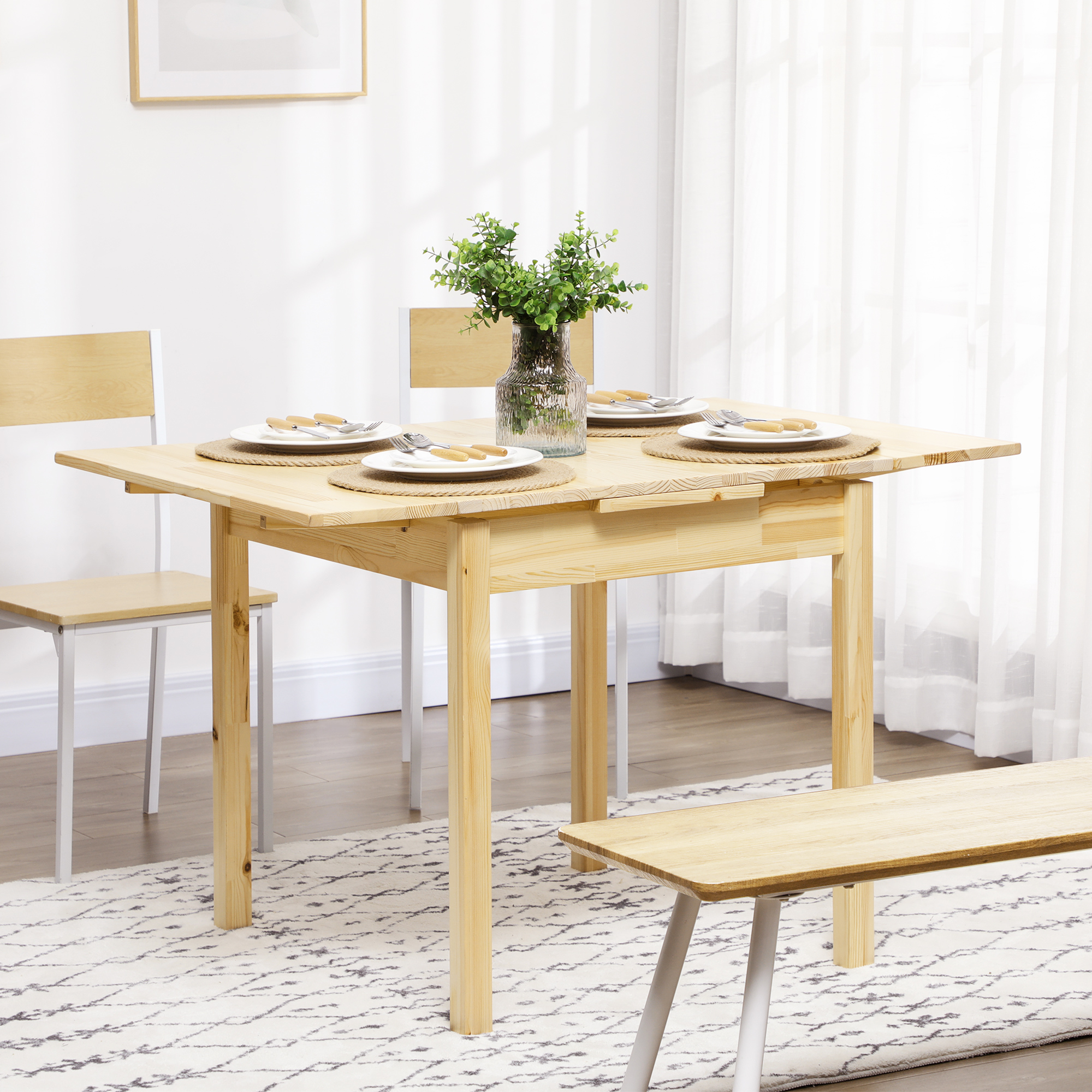 HOMCOM Massief houten eettafel, opklapbare tafel, uitbreidbaar, naturel