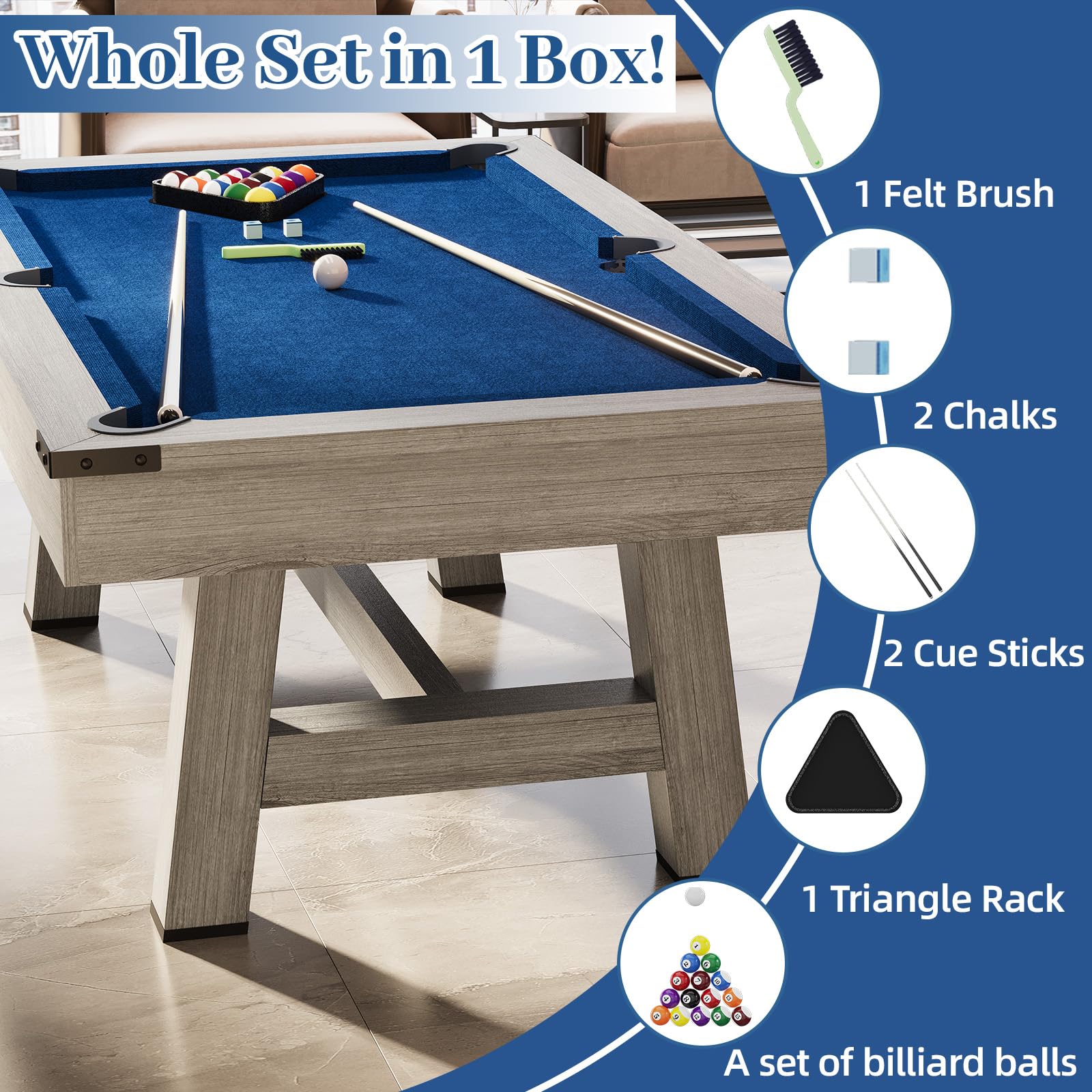 AECOJOY 7FT Pool Table with Wood Finish Billiard Tables,  Professional Style Billiards Game Room Table Set