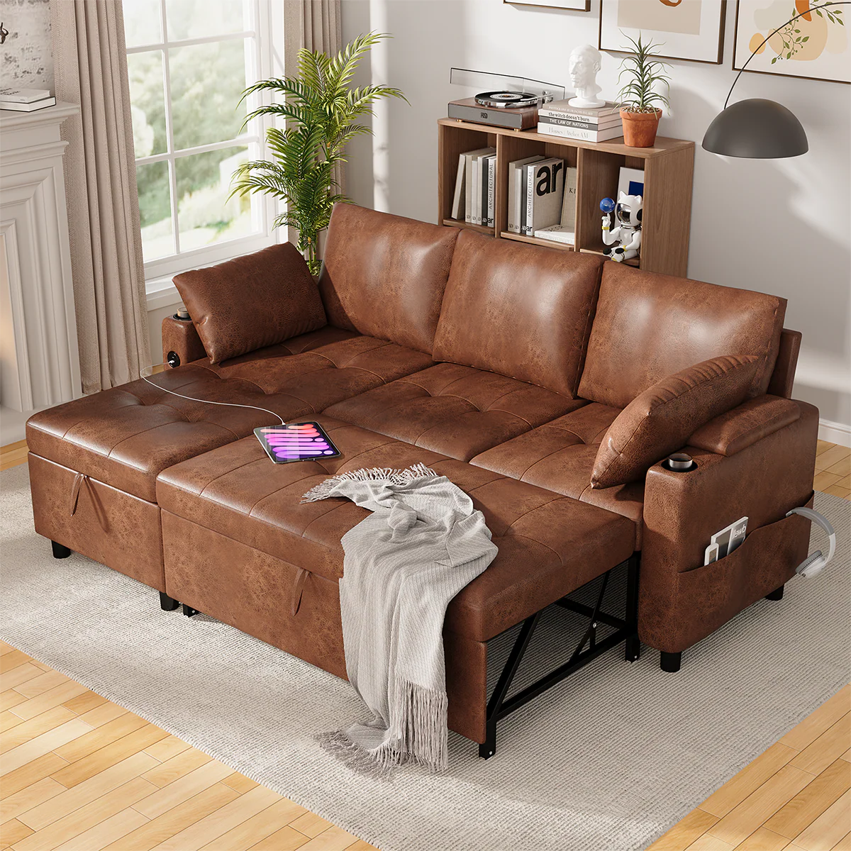 AECOJOY Sleeper Sofa Couch with Pullout Bed, Faux Leather, Brown