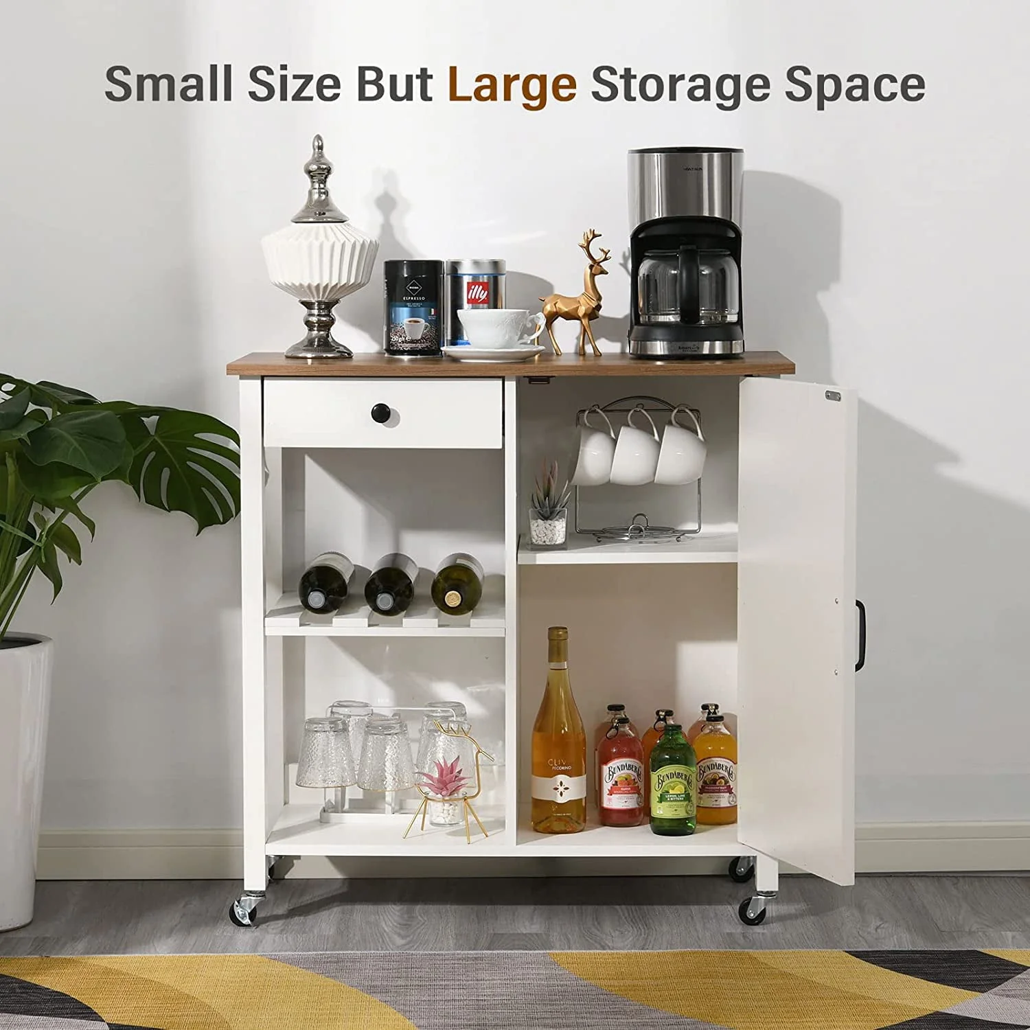 Catrimown Farmhouse Kitchen Cart, Rolling Kitchen Cart with Storage, Microwave Stand Coffee Cart, White