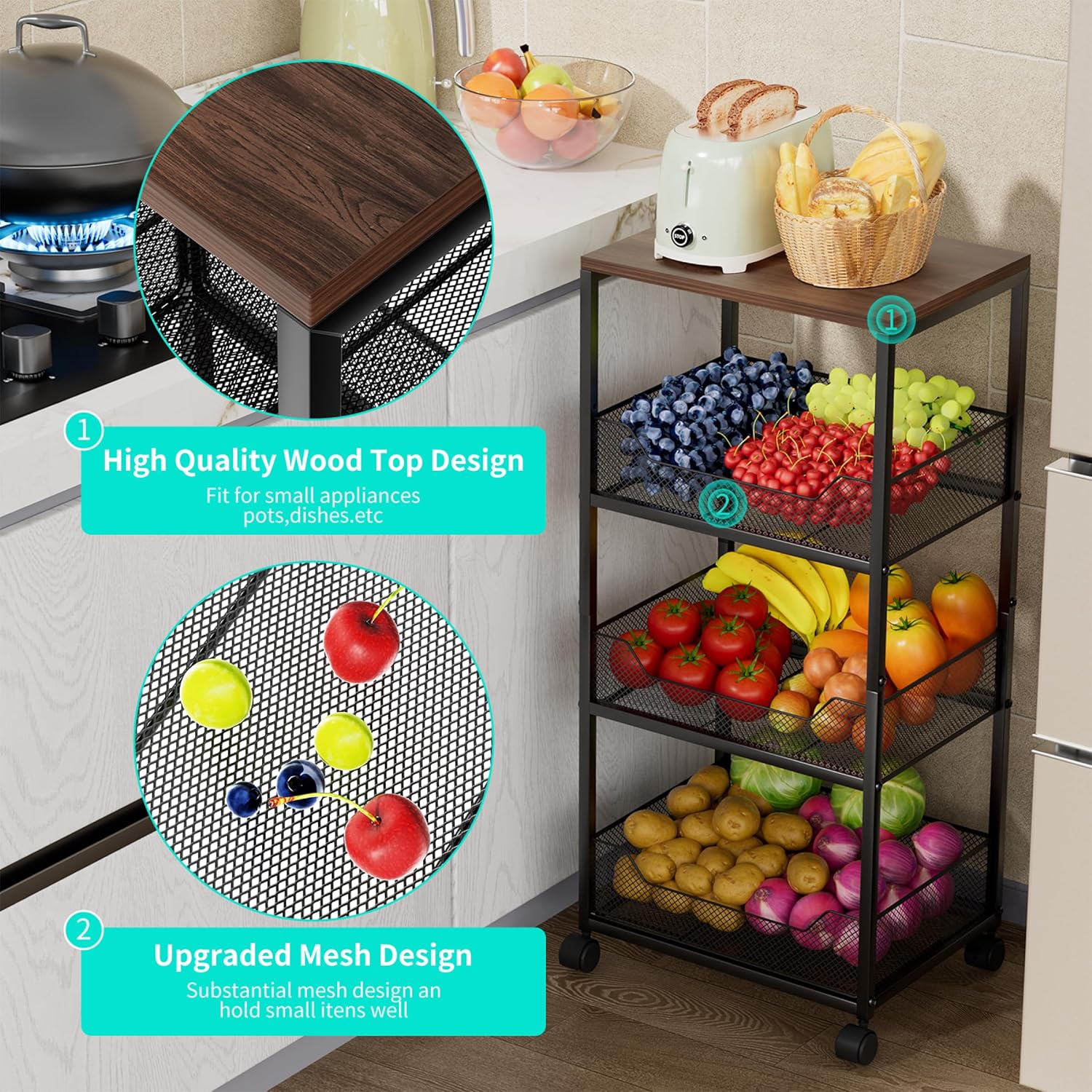 HapiRm Fruit Basket Kitchen Cart - 4-Tier Rolling Storage Cart with Wheels, Fruit Vegetable Basket with Wooden Top, Pantry Utility Kitchen Organizer for Fruit, Potato, Onion, Vegetables, Bread, Snacks