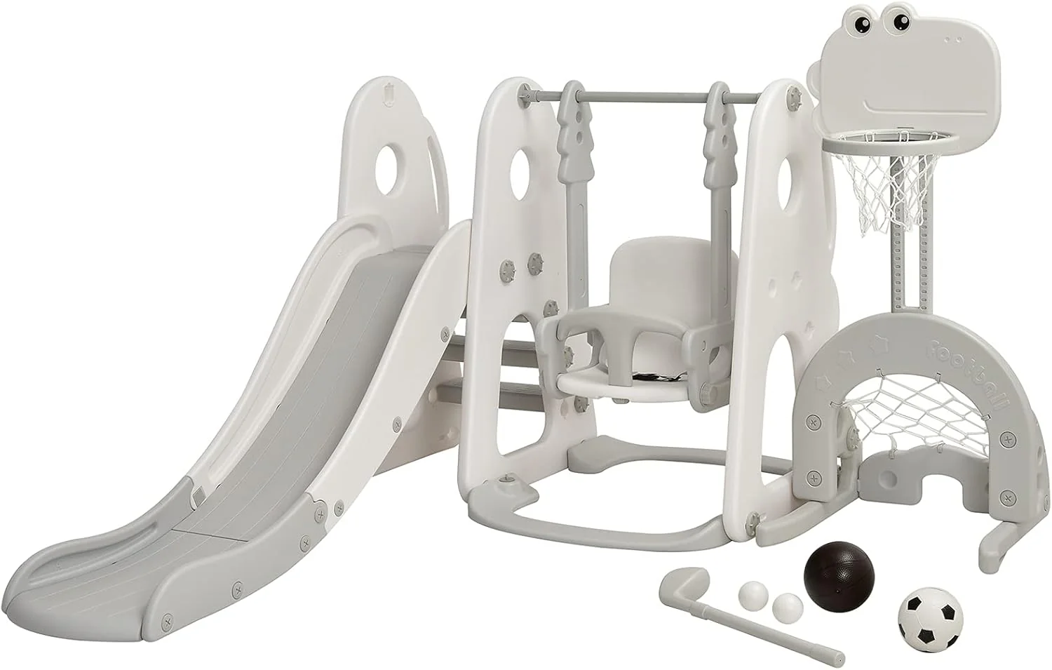 6-in-1 Kids Swing & Slide Set with Climbing Wall, Basketball Hoop, Football & Golf, Indoor/Outdoor Backyard Playground for Toddlers