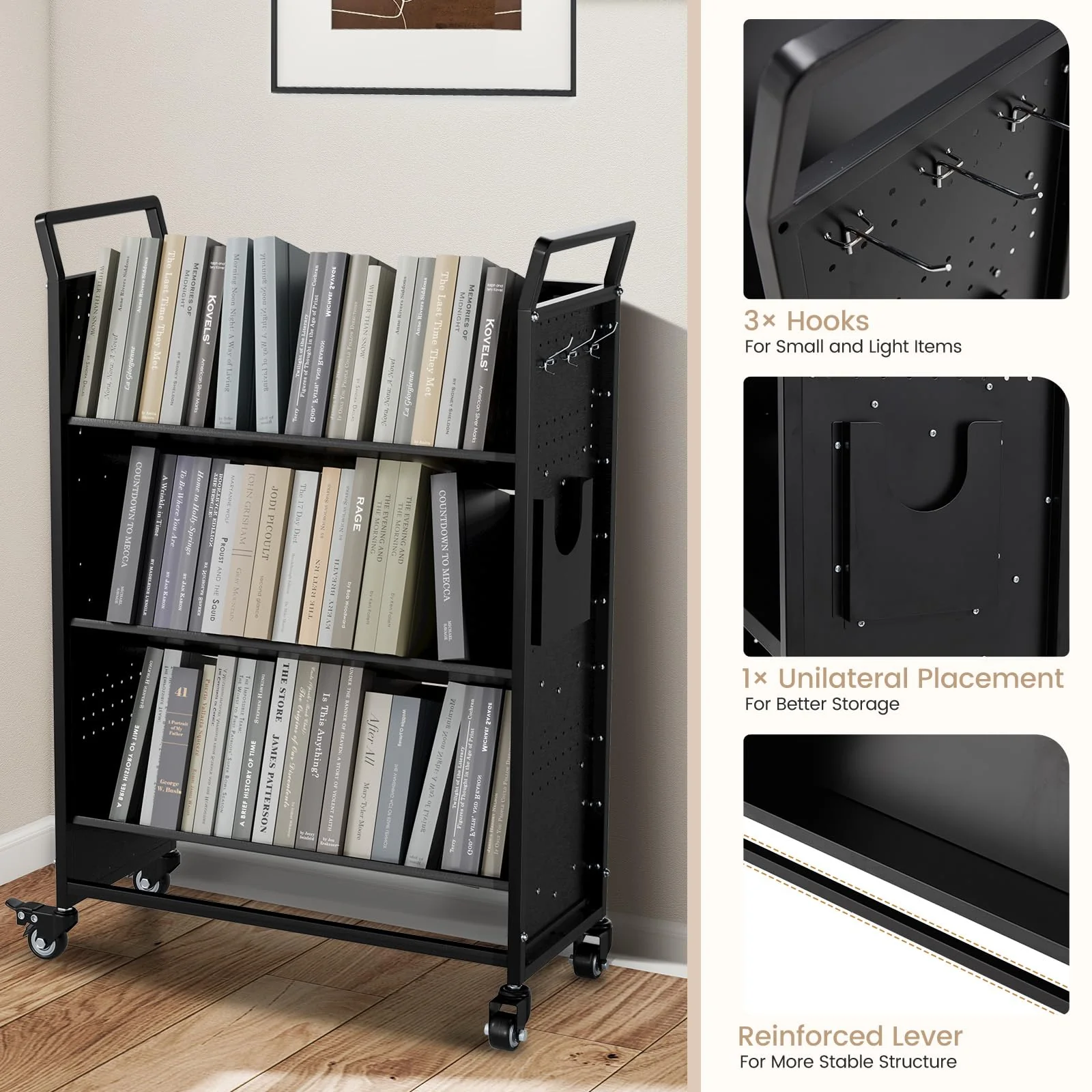 AECOJOY Book Cart with Wheels, 352LBS Rolling Bookshelf Utility Cart with V-Shaped Shelves