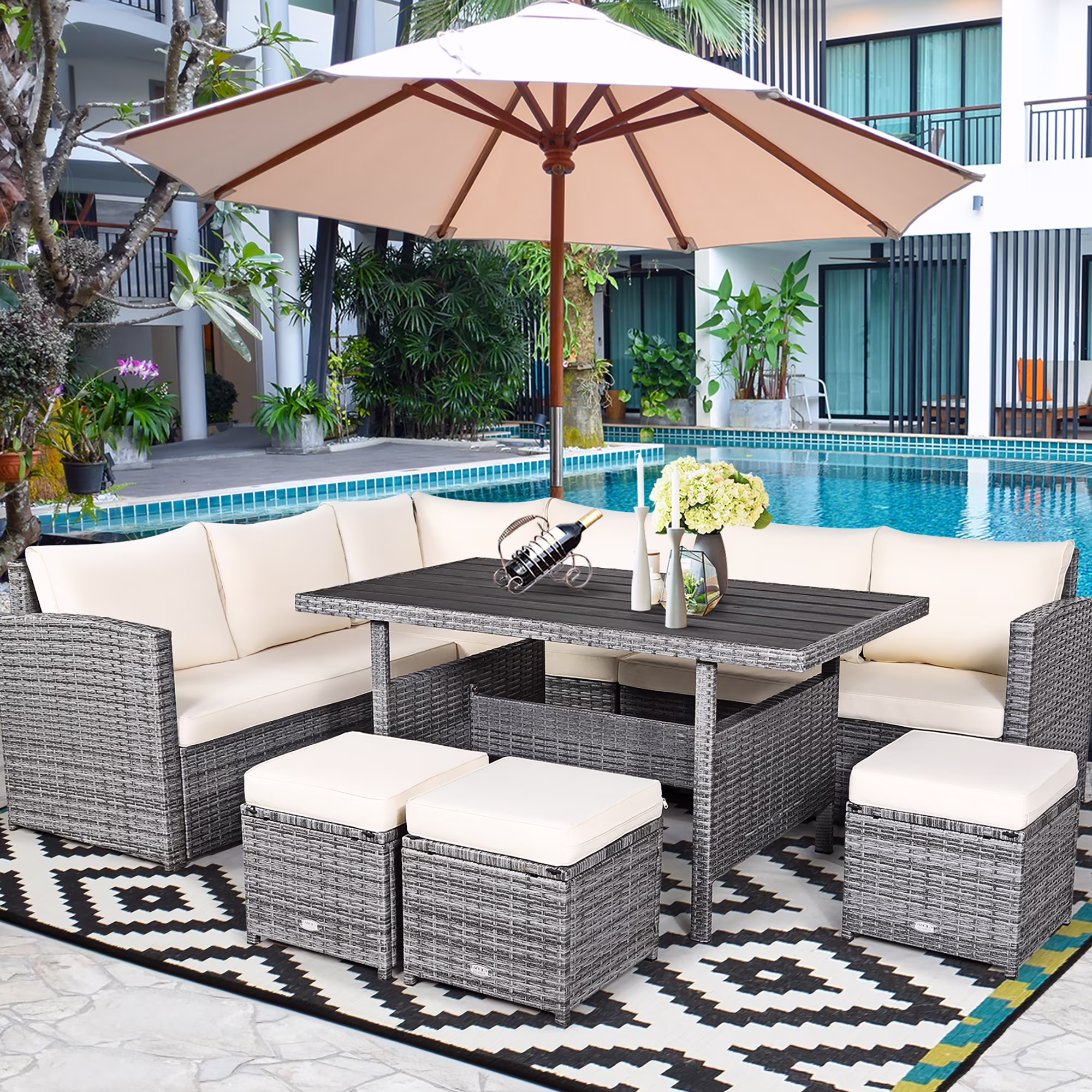 Costway 7 PCS Patio Rattan Dining Set Sectional Sofa Couch Ottoman Garden Red