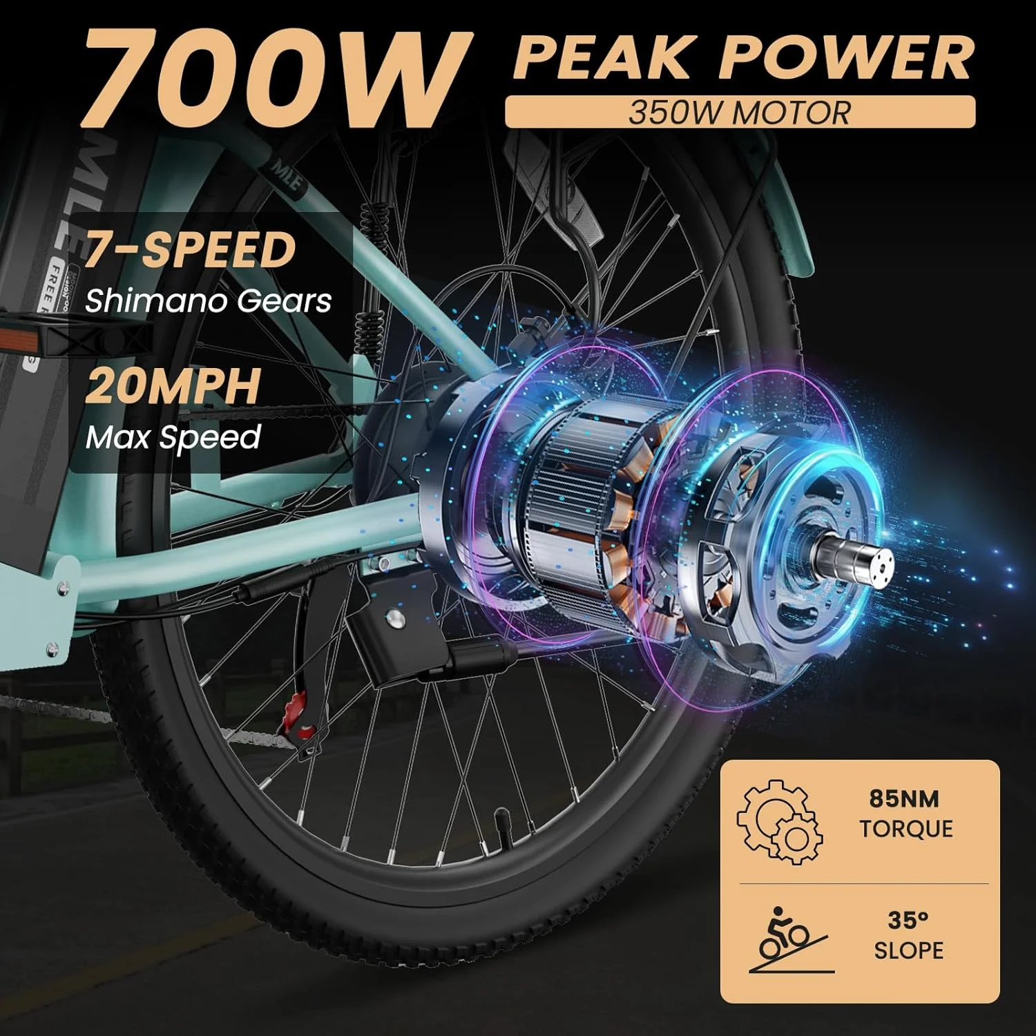Electric Bicycle for Adults 350W, 7-Speed Ebike with 36V 10.4Ah Removable Battery�� 40 Miles Range, 20 mph Electric Commuter Bike for Women Men, Certified to UL 2849 by SGS(Cyan/24") - Image 6