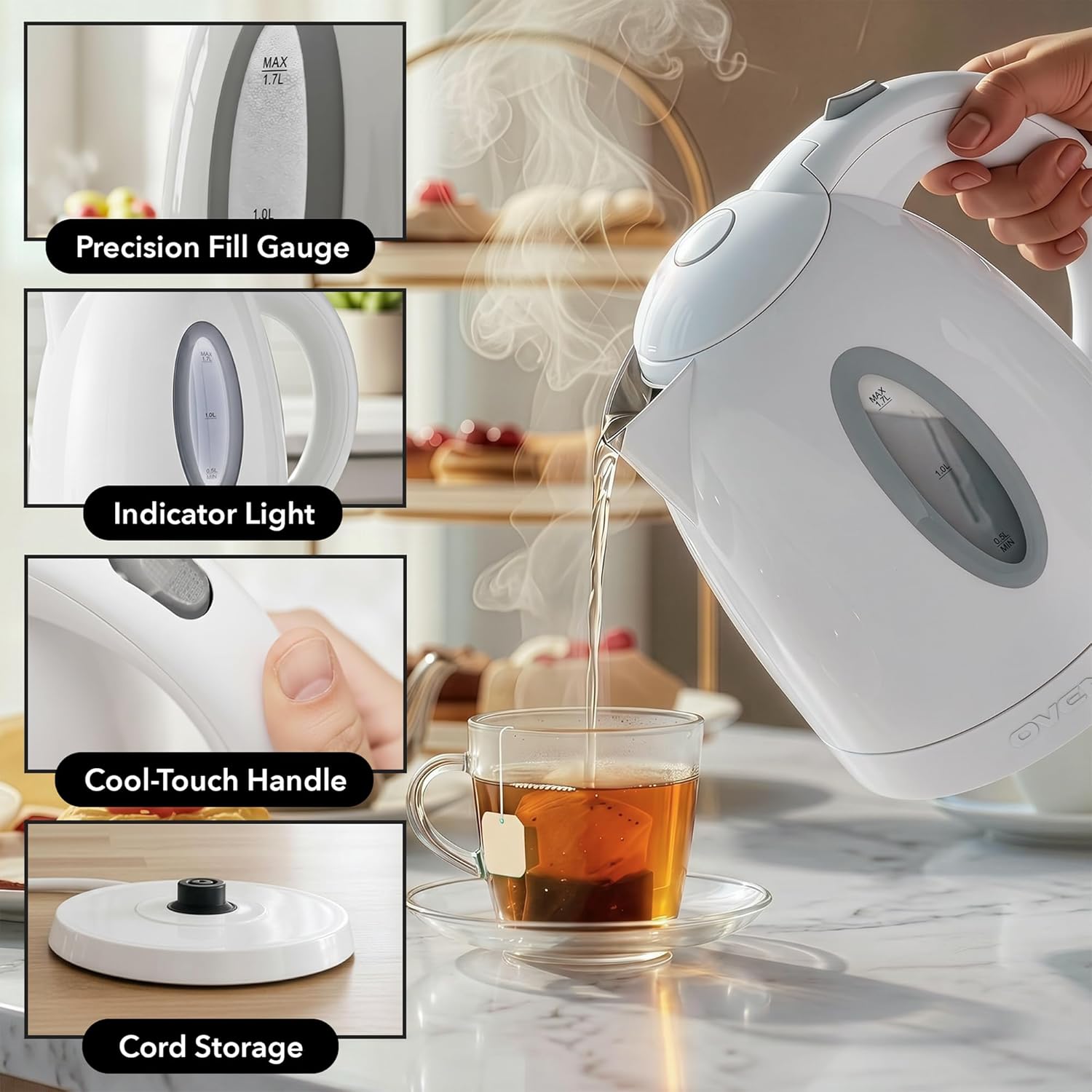 OVENTE 1.7L Electric Tea Kettle, 1100W BPA-Free Water Boiler, White KP72W