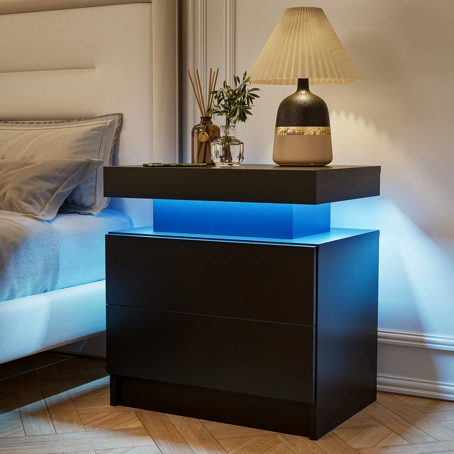 LED Nightstand Set of 2, Modern Bedside Table with 2 Drawers Storage Space, Adjustable Colors LED Light, Black(Black) Image 6