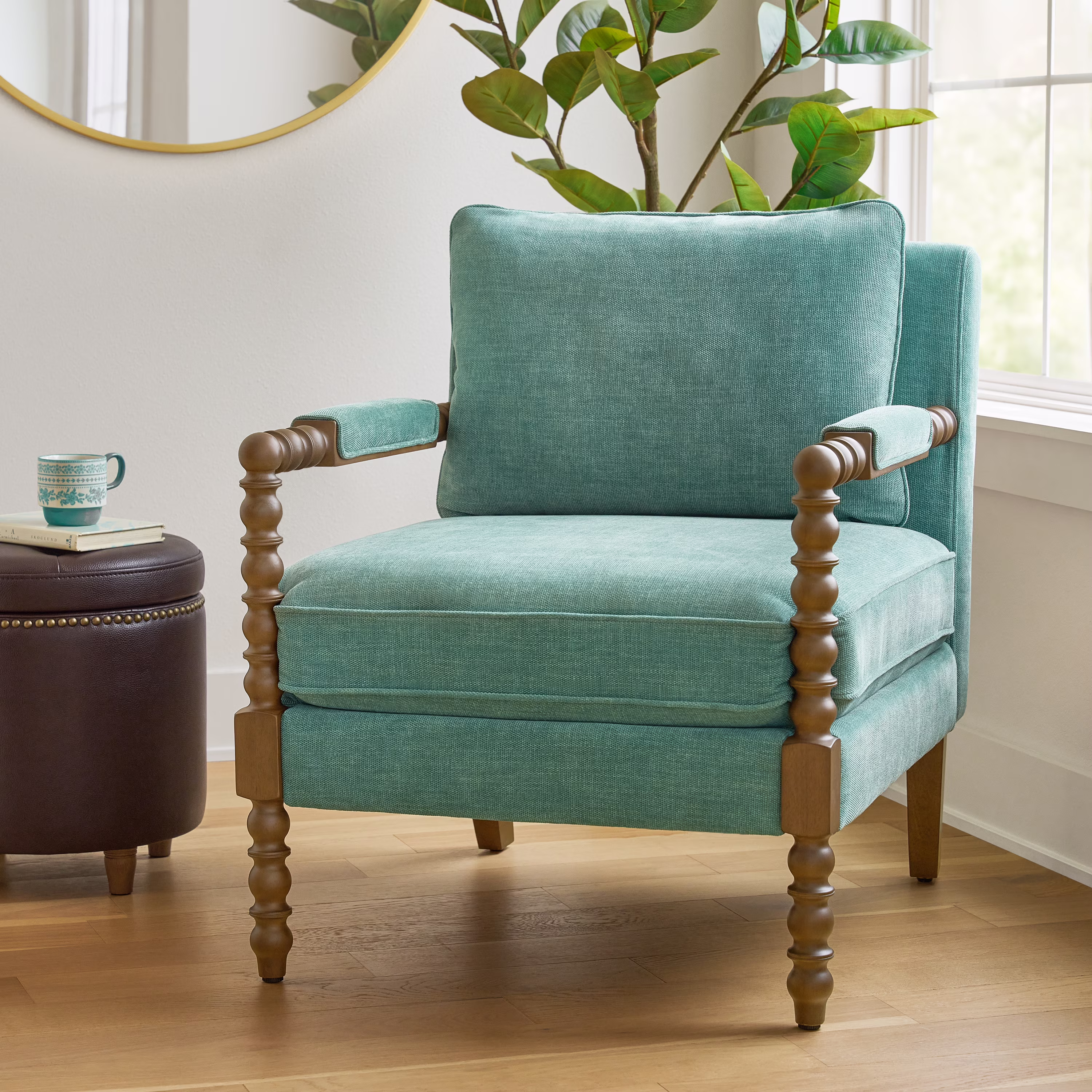 Harper Spindle Accent Chair, Jade Fabric Upholstery(Jade)