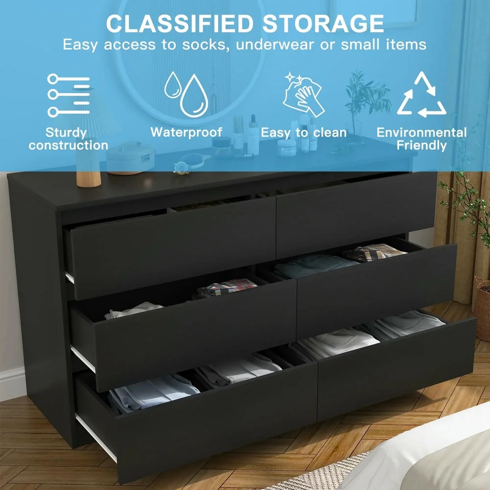 Modern 6 Drawer Dresser Wood Cabinet,Dresser for Bedroom, Kitchen Storage Cabinet with Drawers, Chest of Drawers(Black)(Black(6 Drawers)) - Image 4