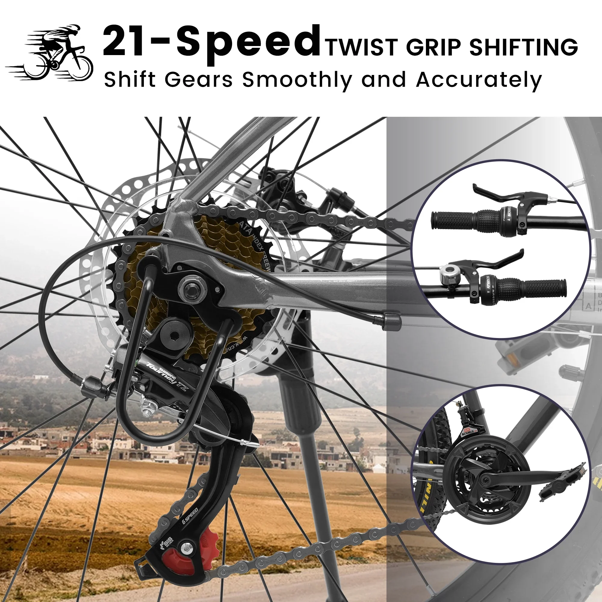 24 Inch Mountain Bike, 21 Speed Mountain Bicycle with Aluminium Alloy Frame, Dual Disc Brakes and Front Suspension, Men Commuting City Bike for Teenagers Adult, Quick Release Front Wheel, Black
