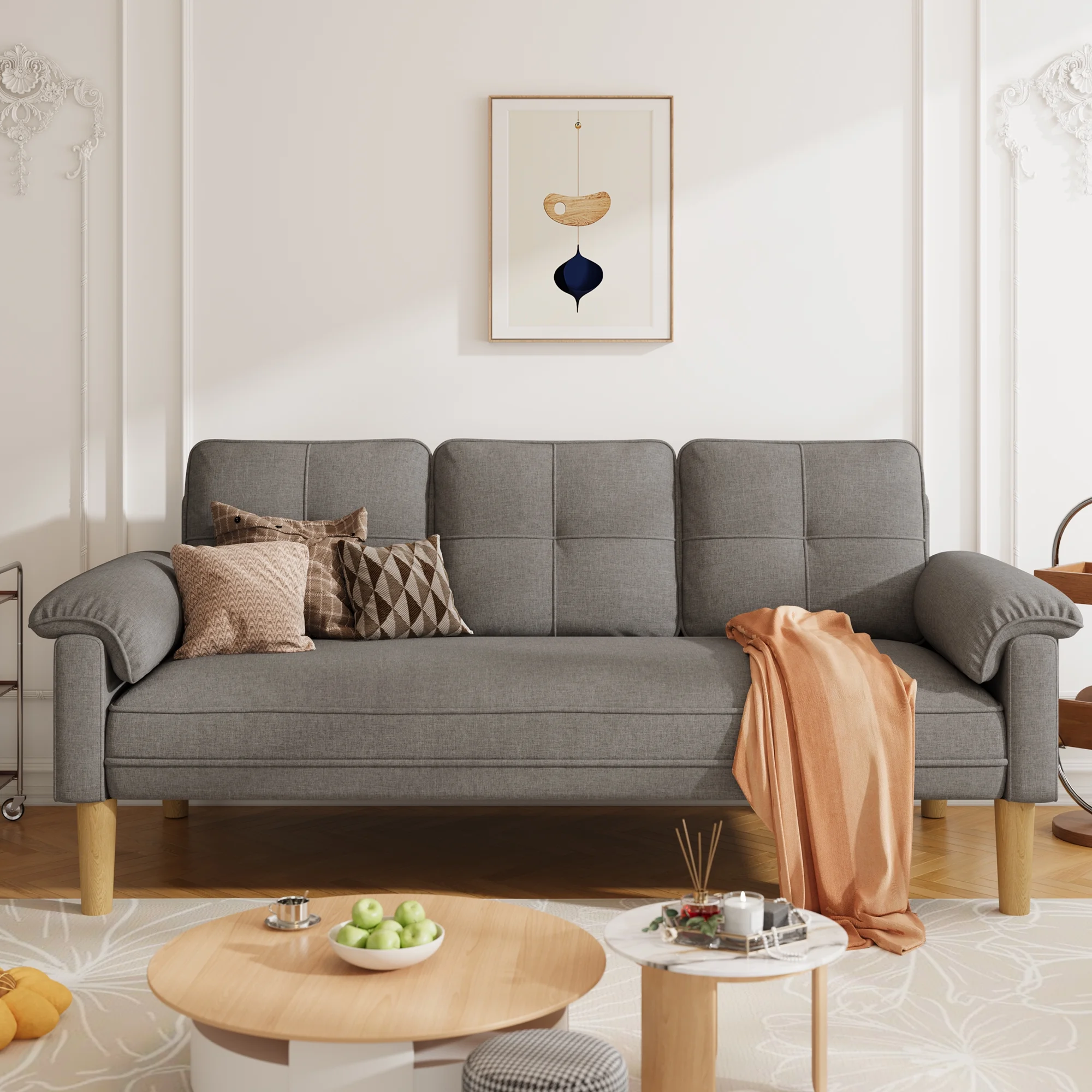 69" Small Modern Sofa with Round Storage Coffee Table(Sliding Door) and Thick Armrest for Living Room Apartment Image 5