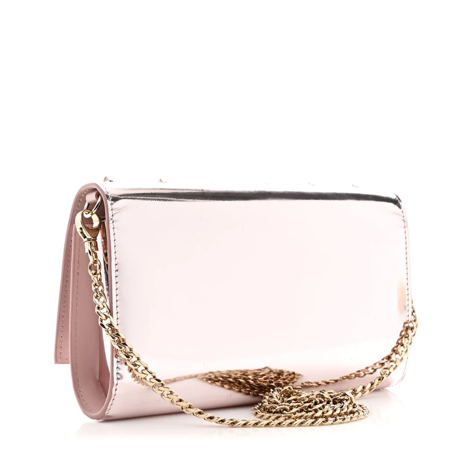 Metallic Patent Calfskin Spikes Loubinthesky Paloma Clutch Pink