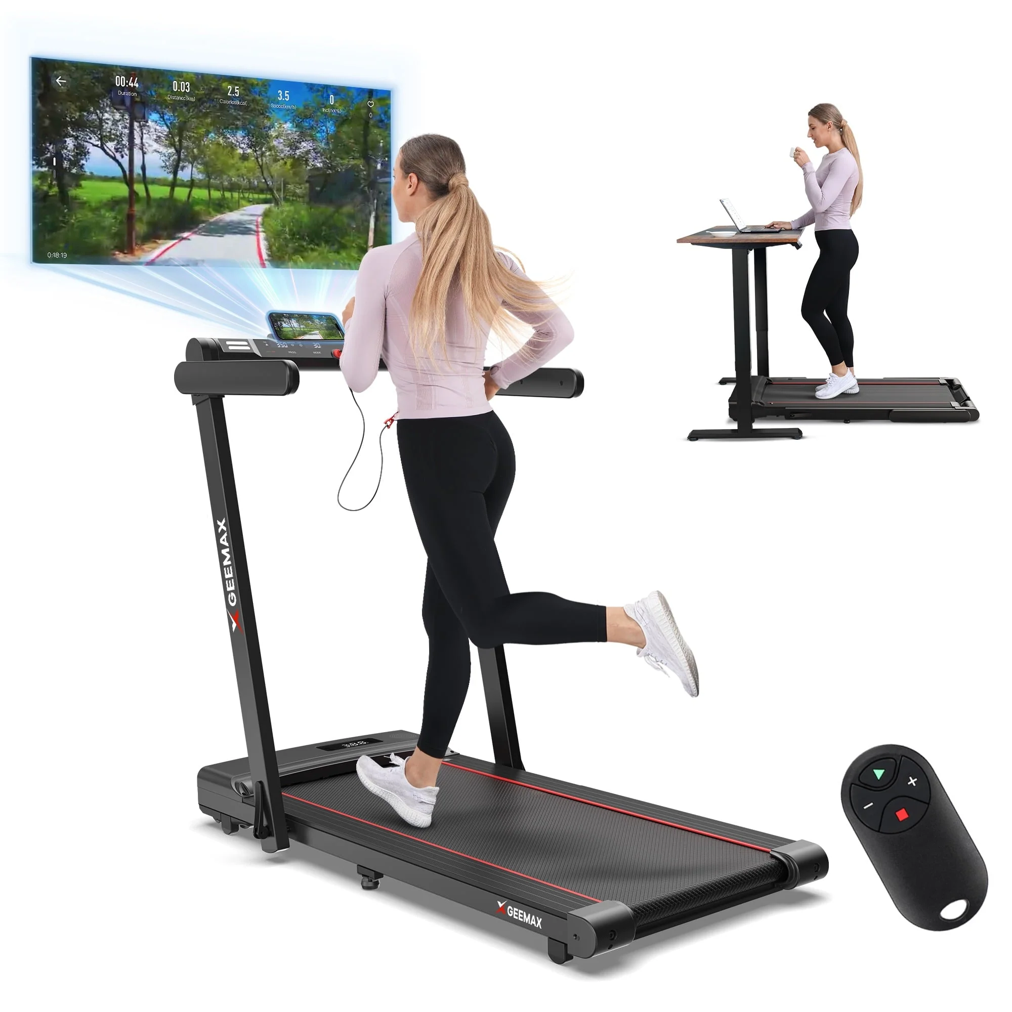 GEEMAX 3.0HP 2 in 1 Dual Display Folding Treadmill Under Desk Treadmill W/APP and 12 Pre - Set Fitness Exercise Programs & Remote Control Electric Treadmill Jogging Machine, 265 lb Capacity 0.6 - 7.5MPH