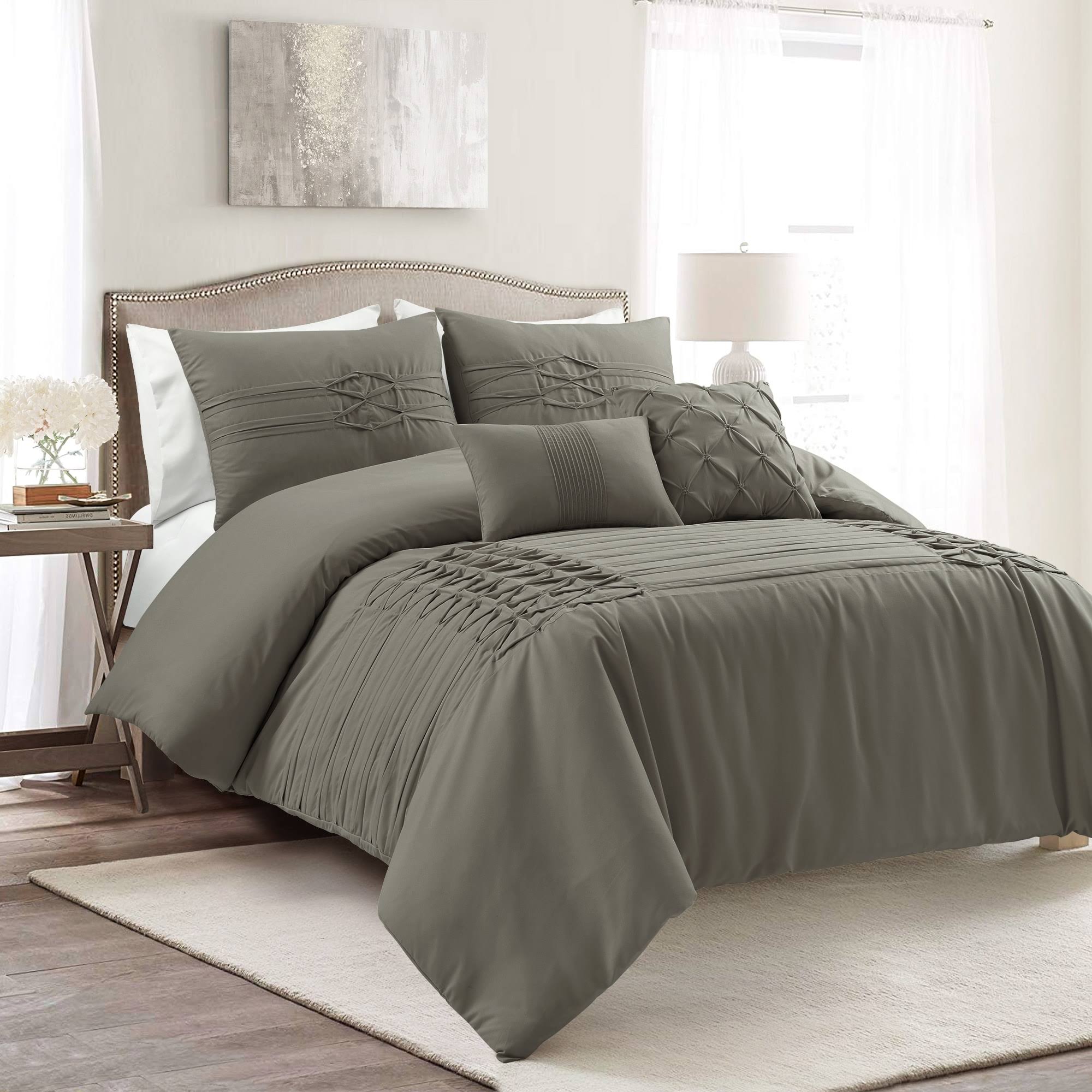 Lush Decor Arora Pleat Comforter Dark Gray 5pc Set Full/Queen