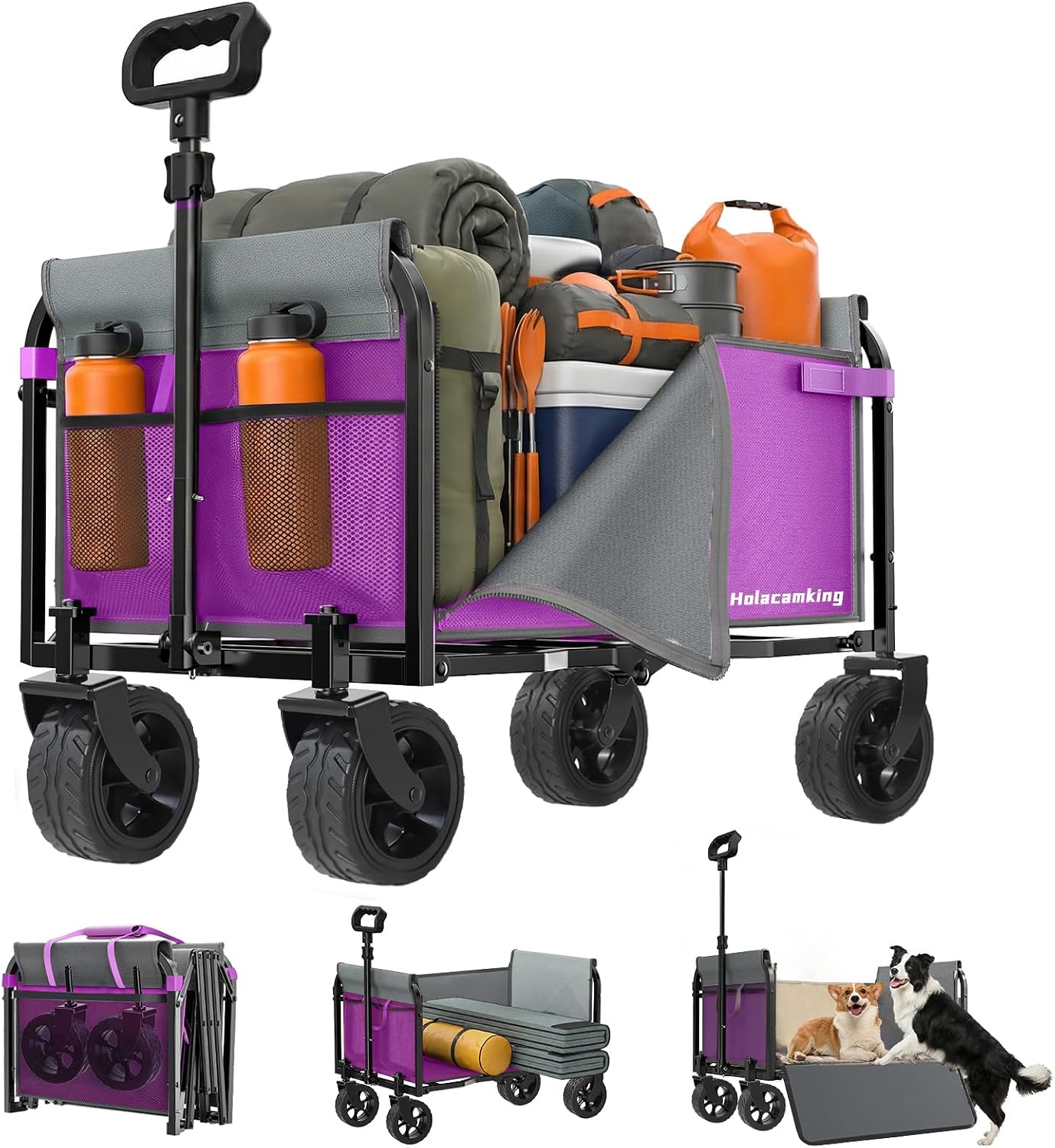 Portable Collapsible Wagon Cart, Foldable Cart with Removable Side, Utility Grocery Wagon for Dogs, Pets, Camping, Beach, Shopping, Sports, Gardening, Fishing, Purple