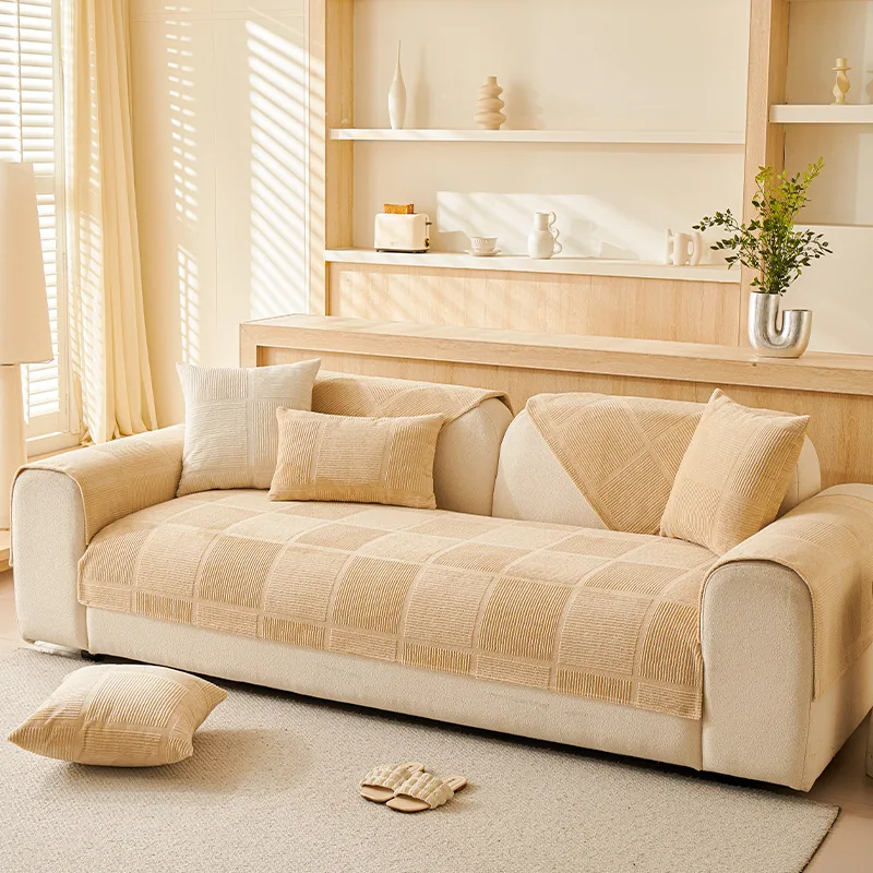 Plush Cream Geometric All Seasons Non-Slip Couch Cover