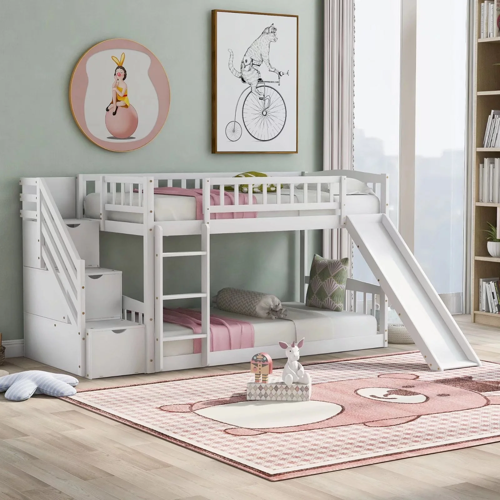 Stairway Bunk Beds Twin Over Twin, Wooden Bunk Bed Frame with Kids Slide and Storage Staircase, 2 - in - 1 Storage Beds Frame with Ladder and Safety Guardrails for Boys Girls Bedroom, White