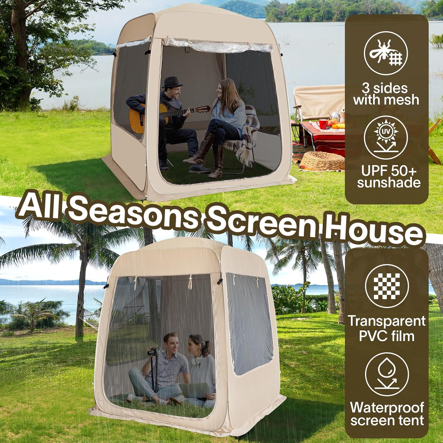 Gazebo moustiquaire pouvant accueillir 6, 10 ou 15 personnes. Tente de style igloo avec moustiquaire latérale. Idéal