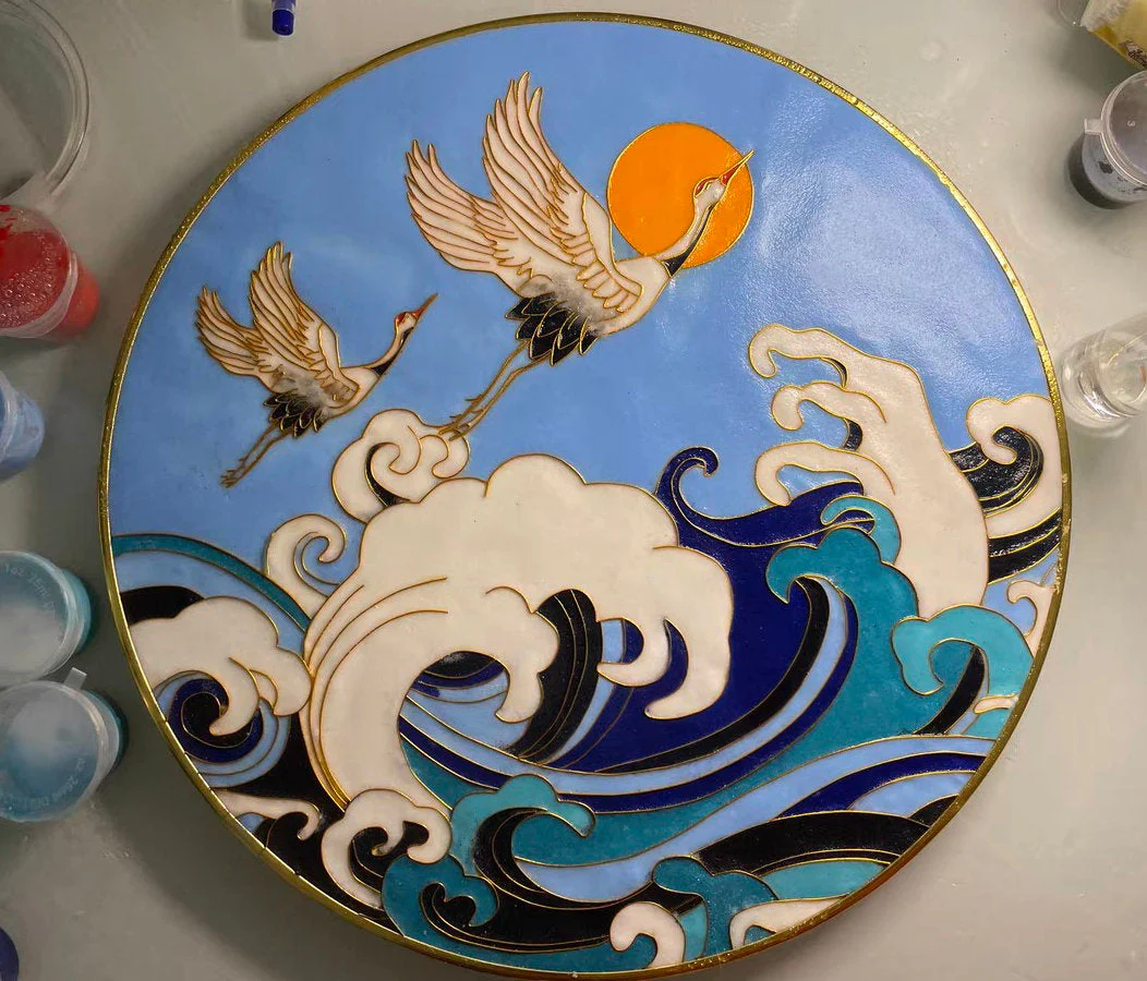 Blue Crowned Crane and Waves,Beginner Cloisonné Enamel DIY Kit, with Tutorial& All Tools