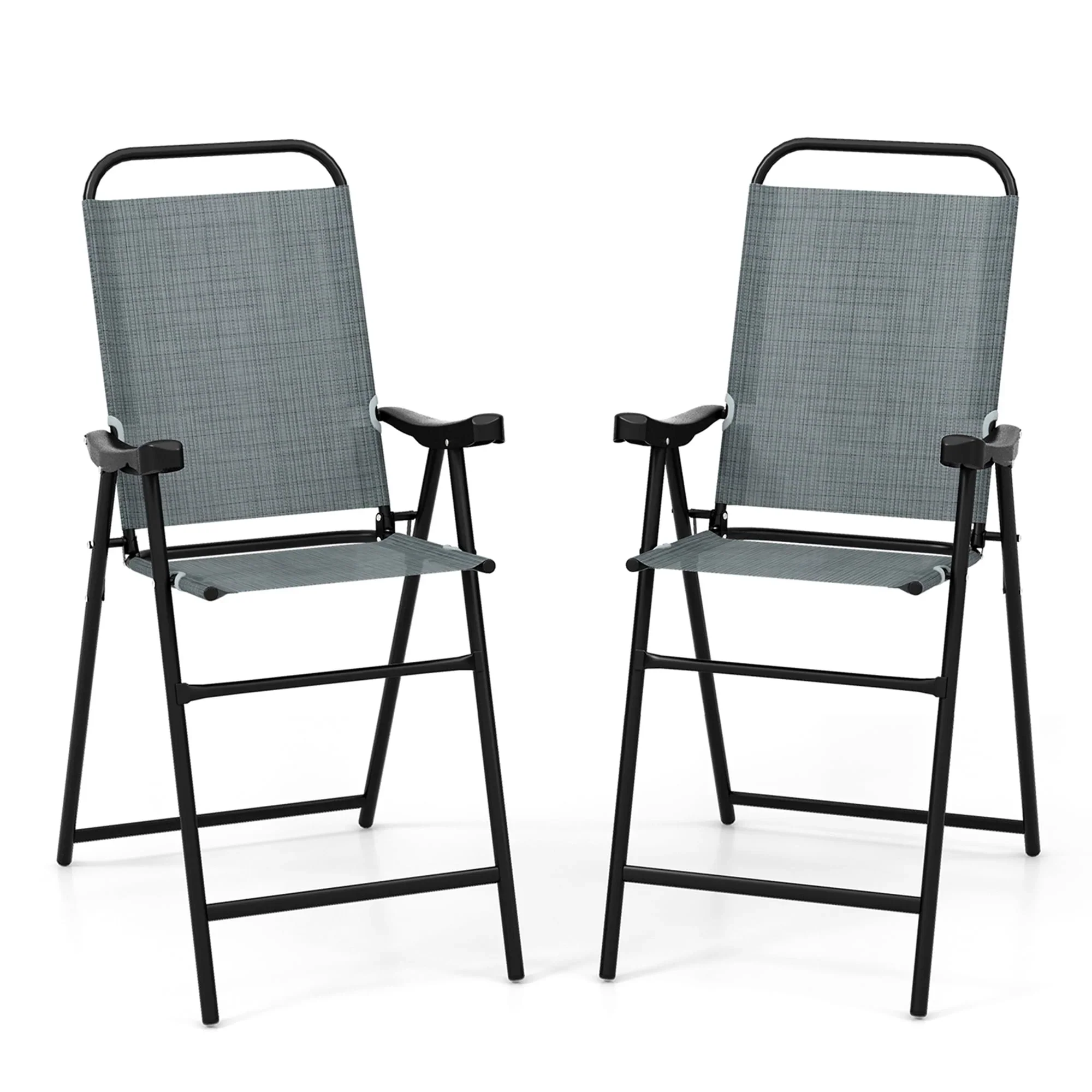 Costway 2 PCS Patio Bar Chair Folding Bar Height Metal Frame with Footrest Garden Blue