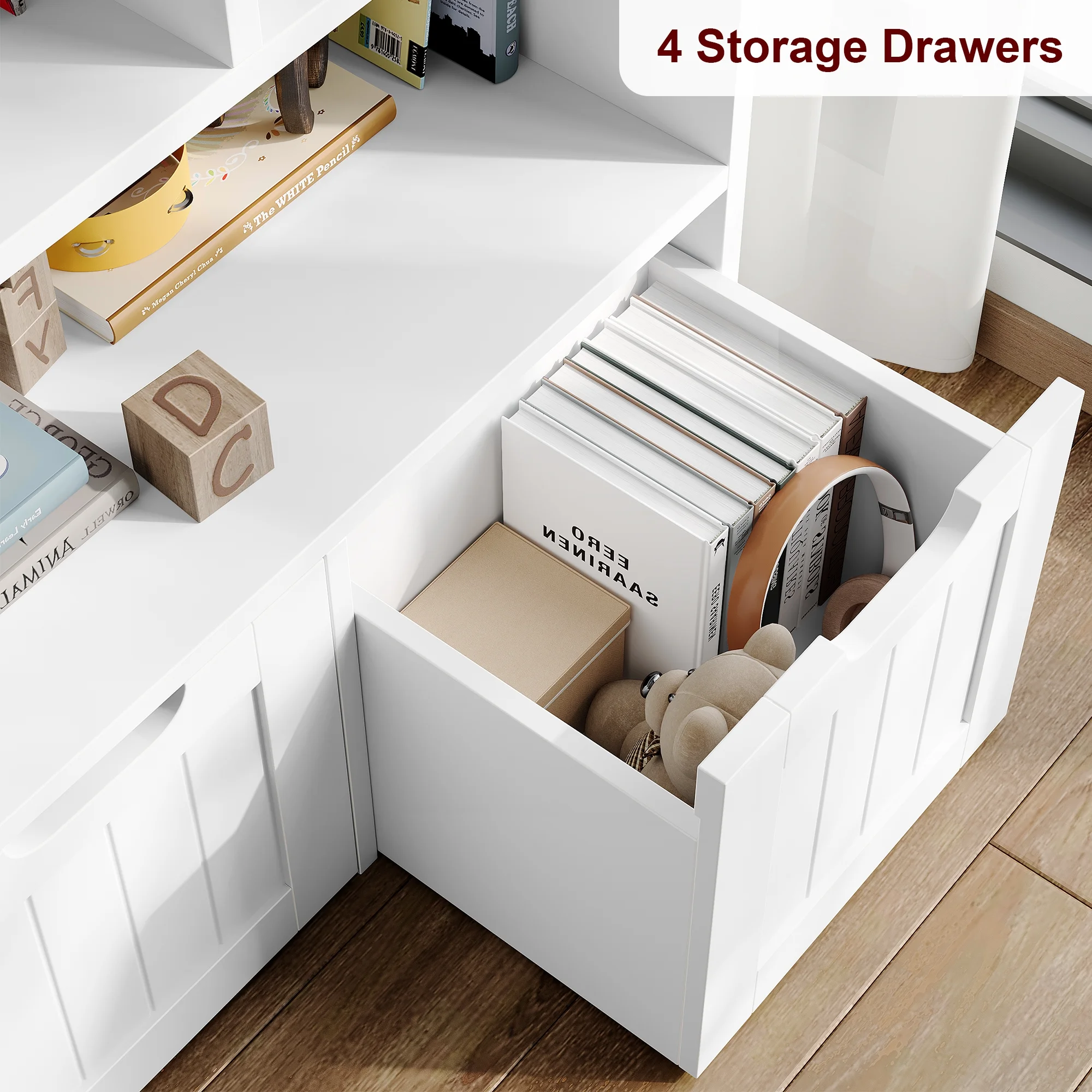 7 Cube Toy Storage Organizer, Kids Geometric Bookcase and Bookshelf with 4 Drawers, White(White) - Image 6