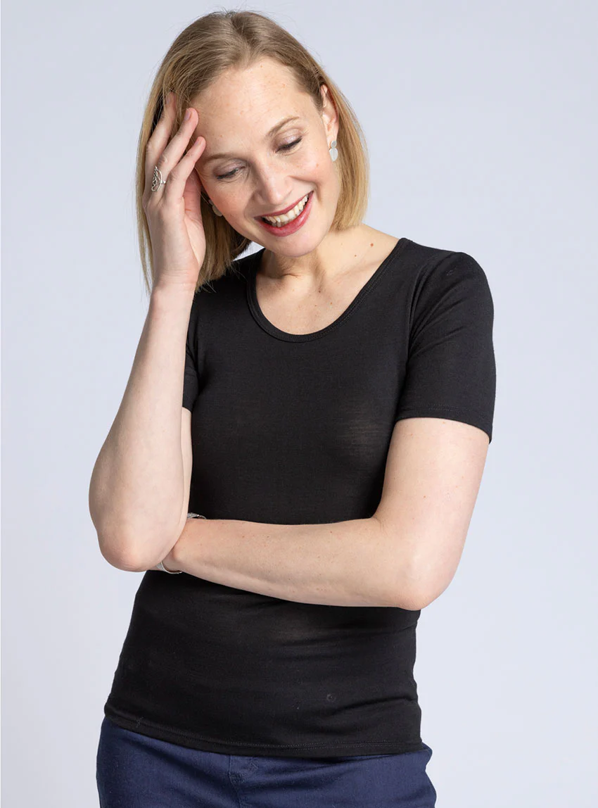 T-shirt femme laine et soie noir
