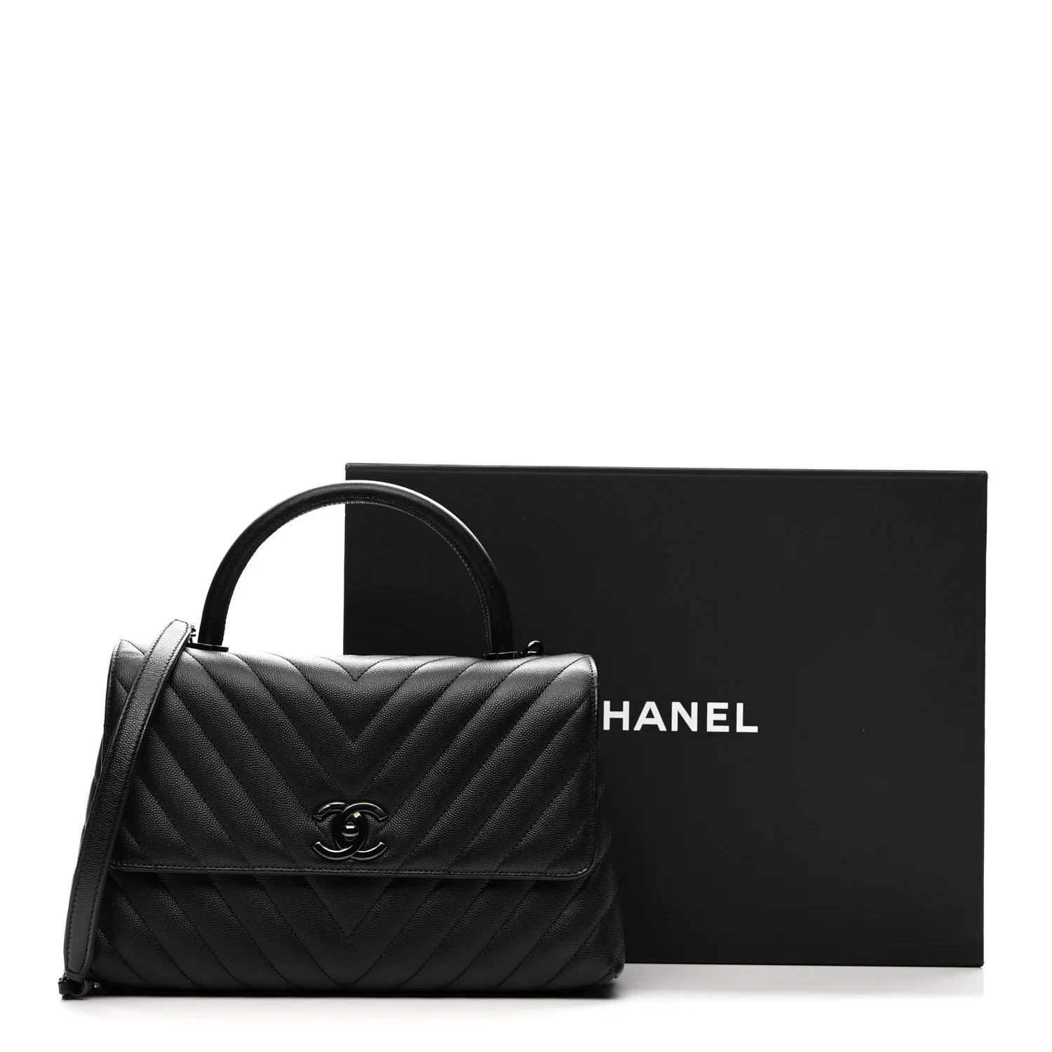 Caviar Chevron Quilted Small Coco Handle Flap So Black