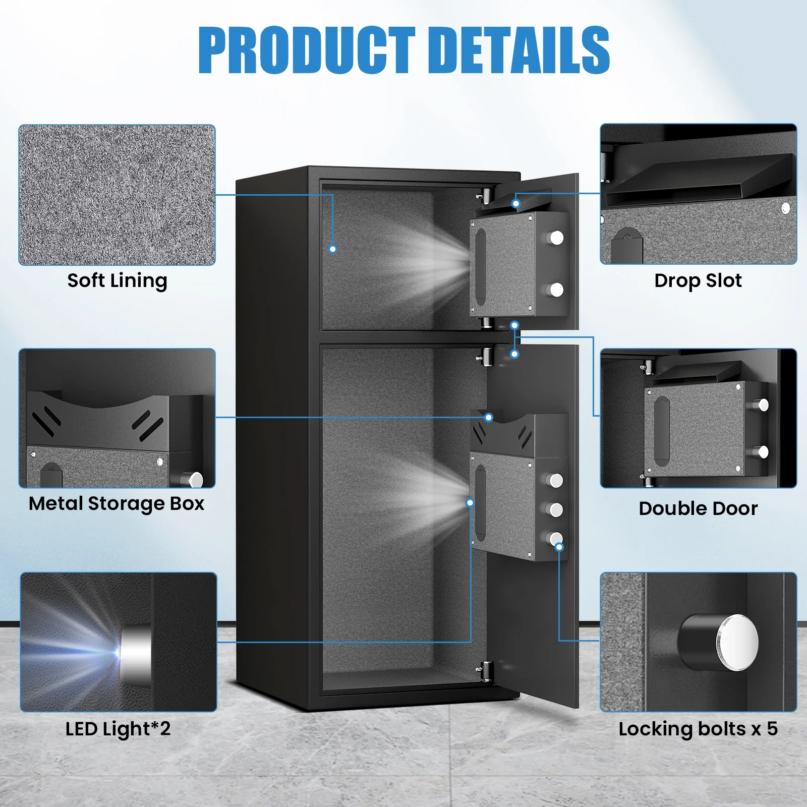 7.0 Cu ft Large Safe Box Fireproof Waterproof, Digital KeypadHome Safe with Deposit Slot Dual Alarm System, Money Safe With Mute Function and LED Light, Security Box for Money Valuables(Multi color) - Image 6