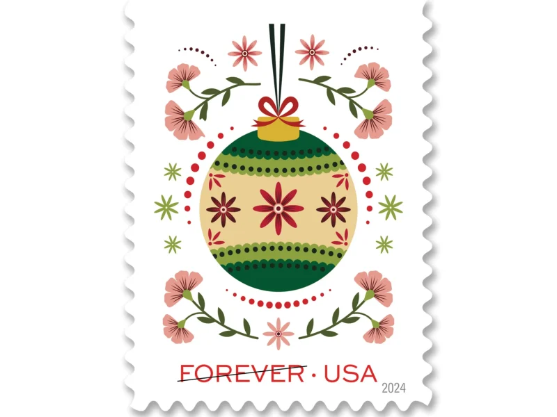 Forever Stamps 2024 Christmas Ornaments & Holiday Florals – Holiday Celebration. First-Class Postage