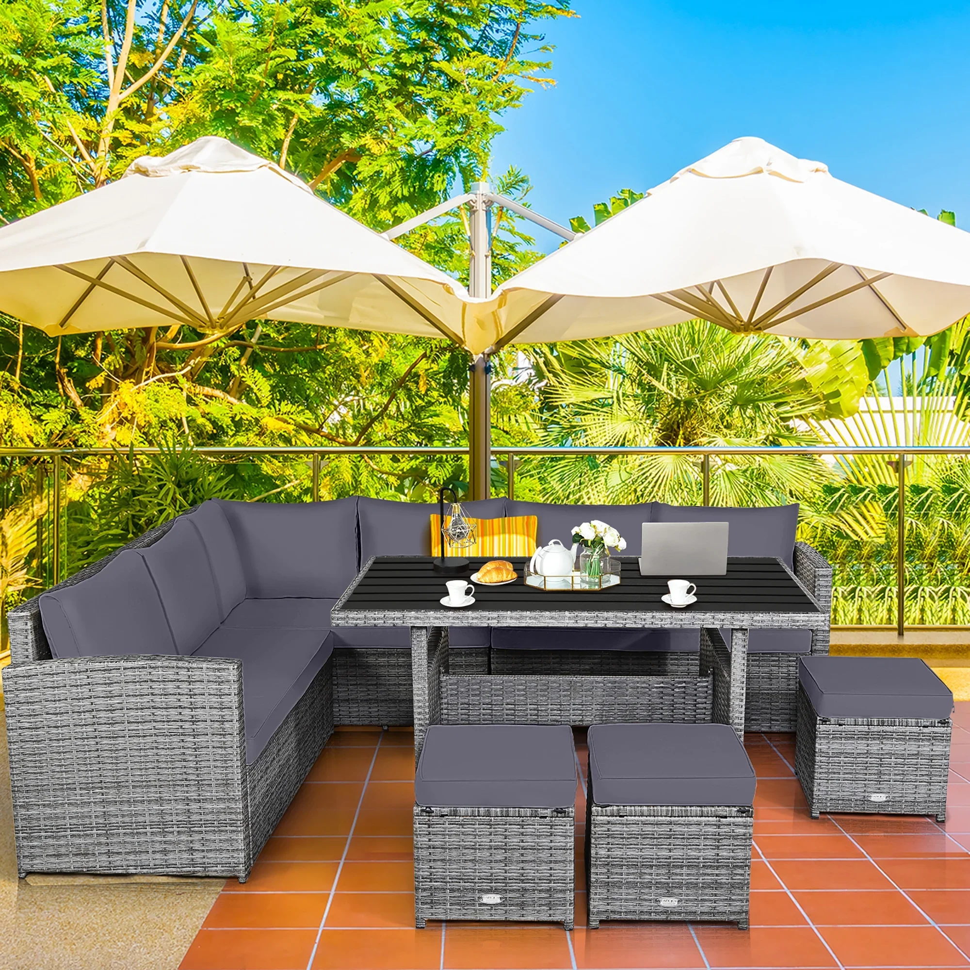 Costway 7 PCS Patio Rattan Dining Set Sectional Sofa Couch Ottoman Garden Red