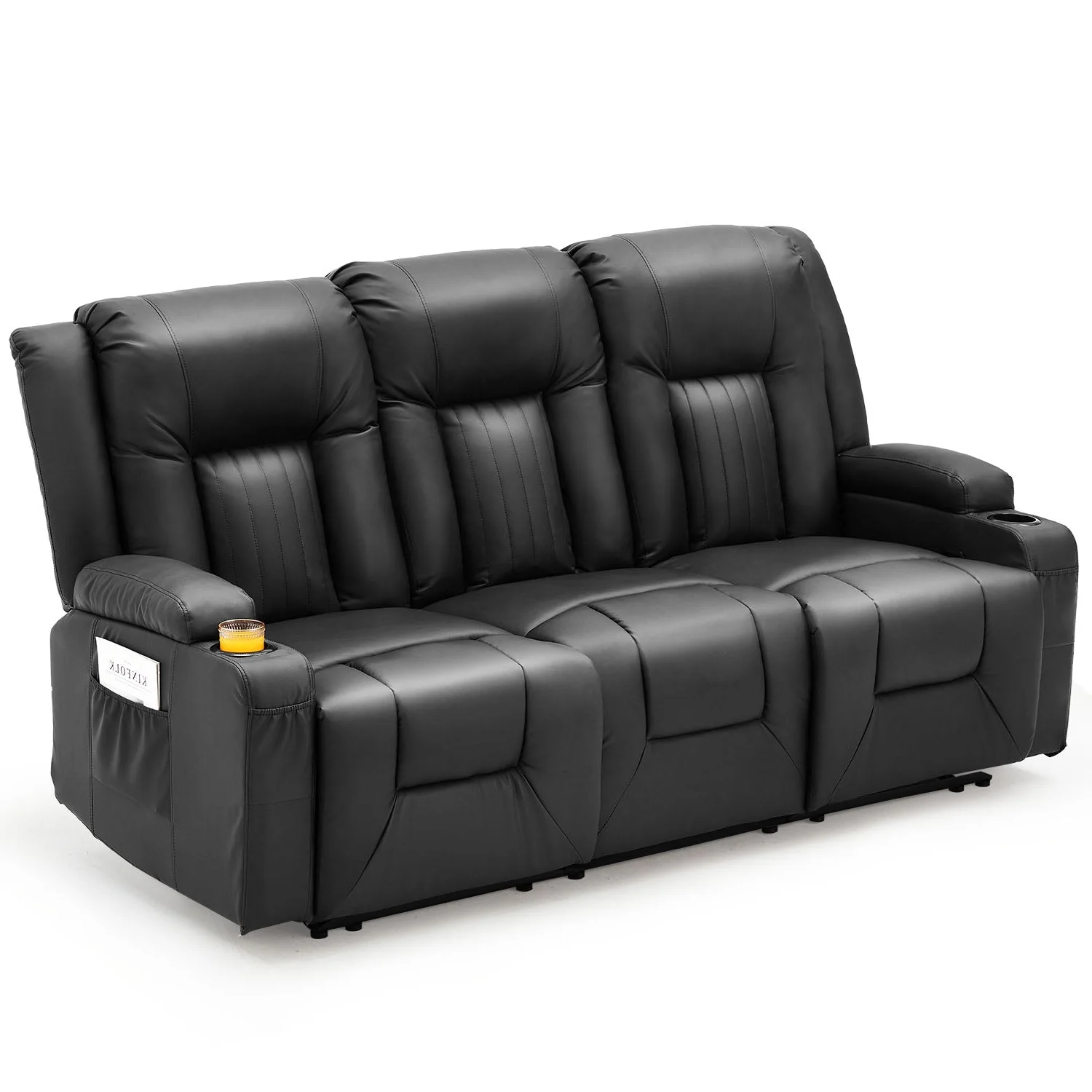 AECOJOY 3 Seater Reclining Sofa with 2 Cup Holders&Side Pockets, Black