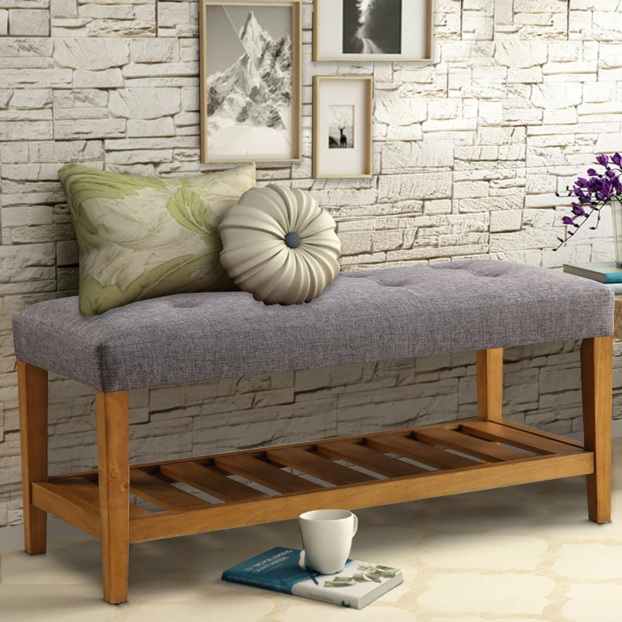 Wooden Bench, Gray  Oak- Saltoro Sherpi(Beige  Oak Brown)