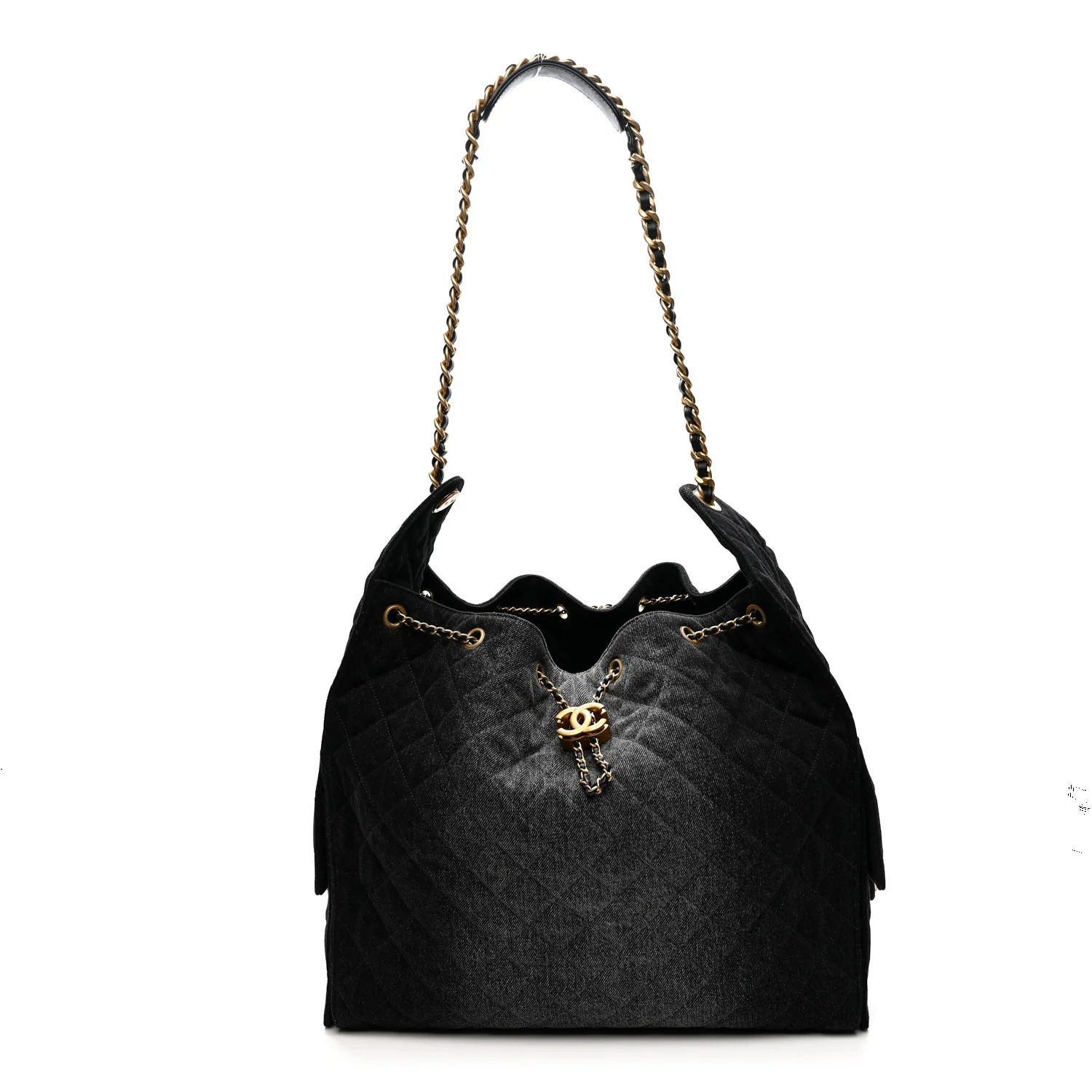 Washed Denim Quilted Large Chanel 25 Handbag Black