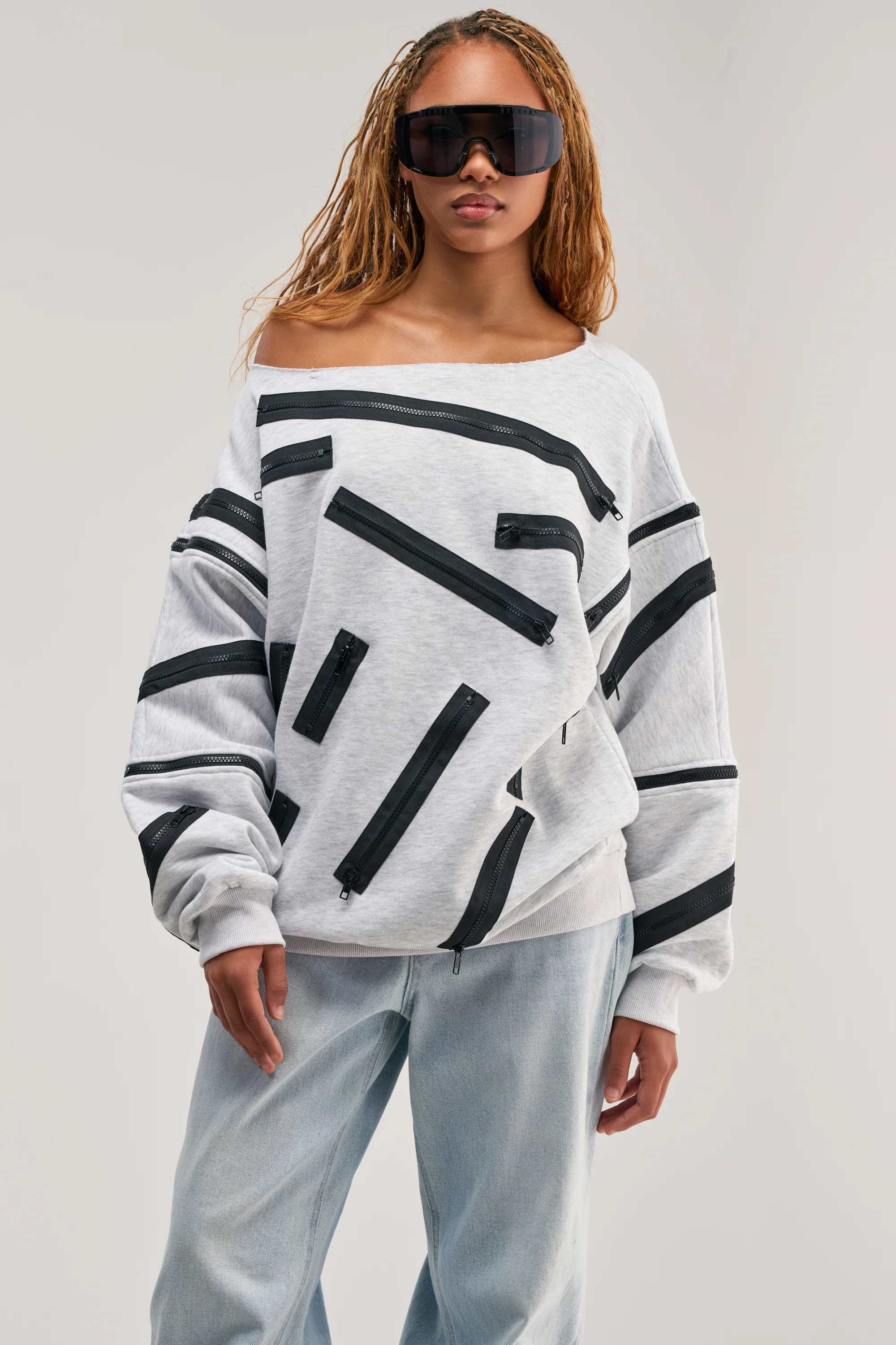 ZIP ZAP OFF THE SHOULDER SWEATSHIRT DRESS-GREY MULTI - Akira Store
