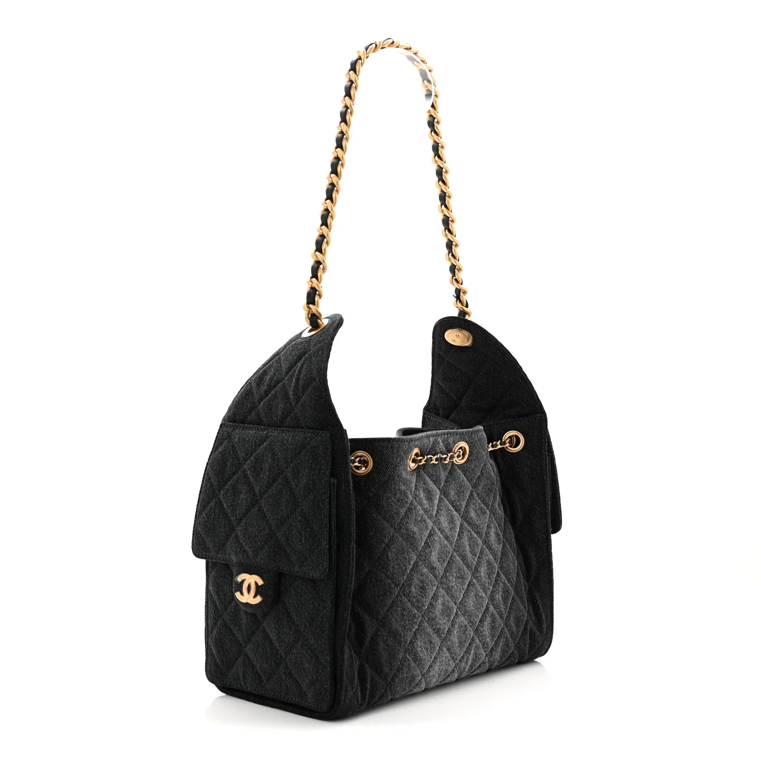 Washed Denim Quilted Small Chanel 25 Handbag Black