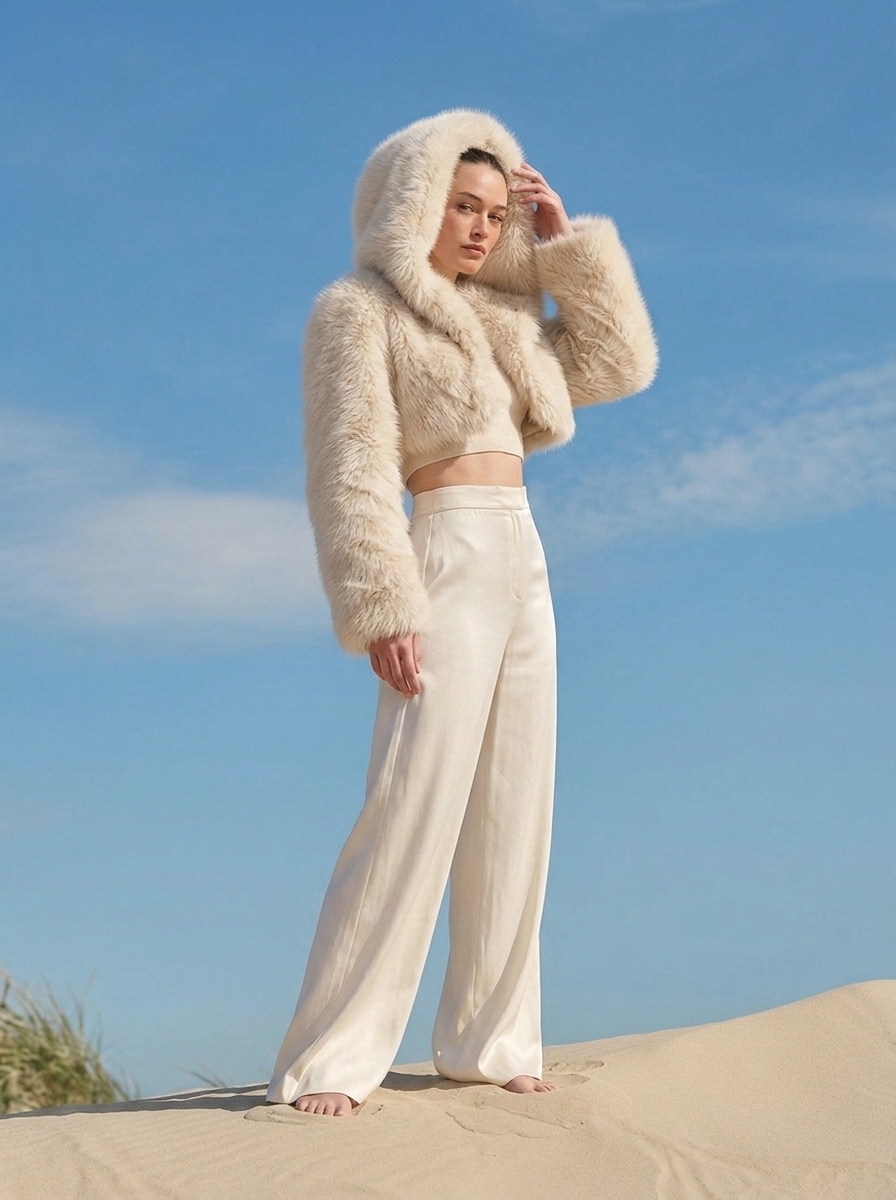 Stanetco Women's Cropped Cream Faux Fur Hooded Jacket - Fluffy Winter Shaggy Coat, Trendy Warm Plush Outerwear