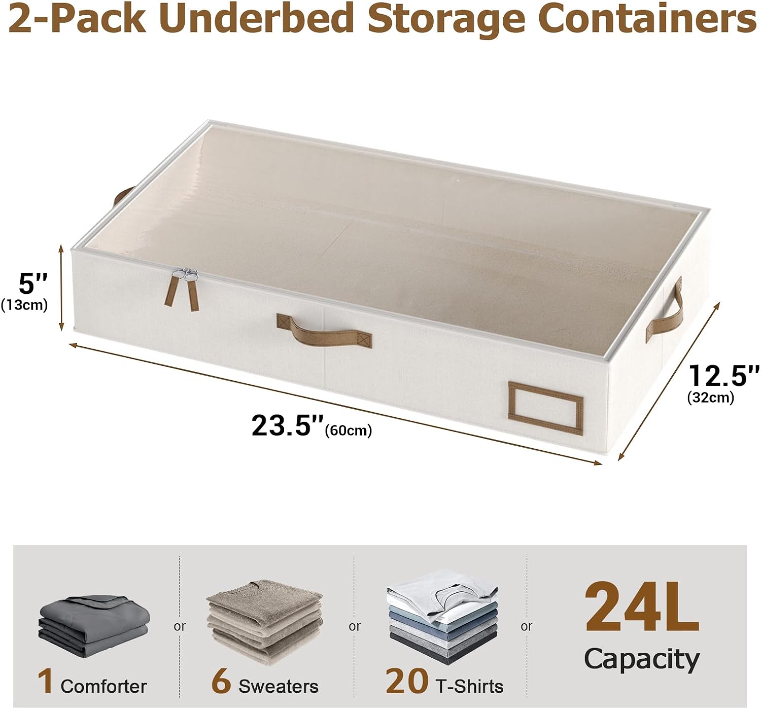 Under Bed Storage, Under Bed Storage Containers Bins for Clothes, Large Linen Underbed Closet Organization Bins, 2 Pack Collapsible Underbed Bin Dorm for Clothes, Sweaters, Beige