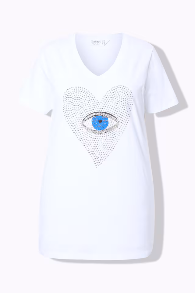 Half-sleeve rhinestone heart-eye T-shirt