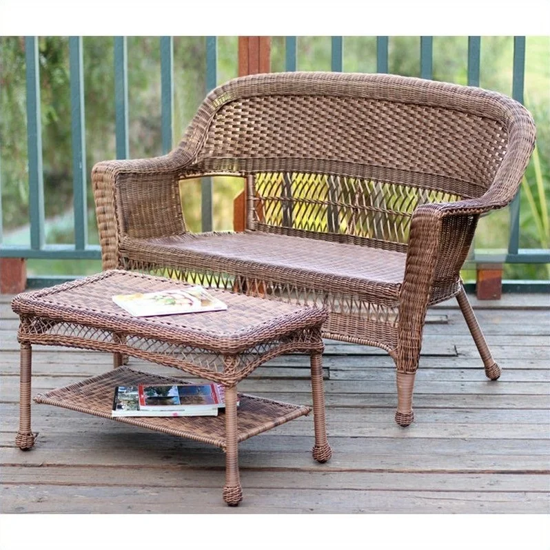 Wicker Patio Love Seat and Coffee Table Set in Honey without Cushion(Resin Wicker/Espresso)