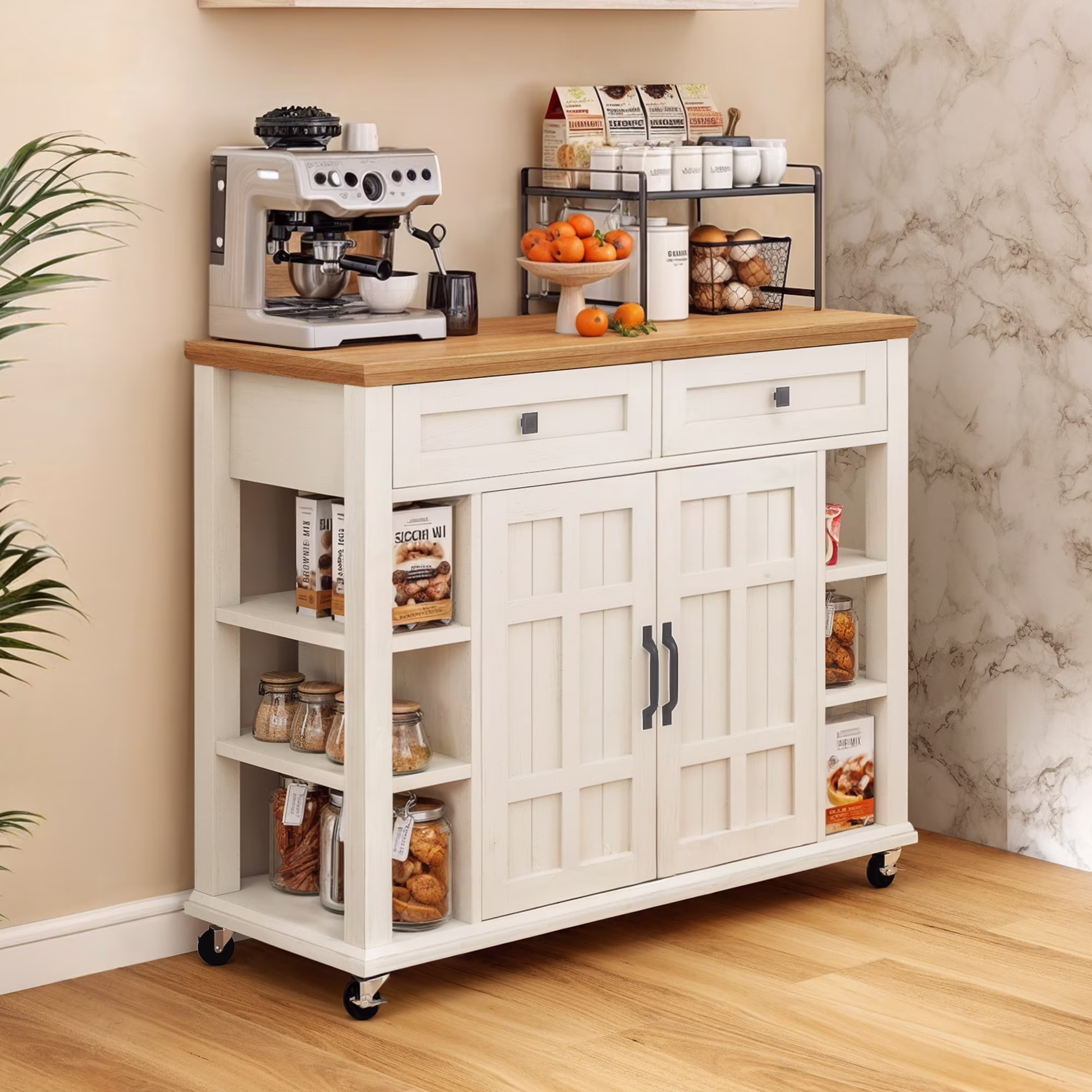 Kitchen Island Cart, Kitchen Storage Cart with Drawers Storage Shelves, Off-White(Off-White)