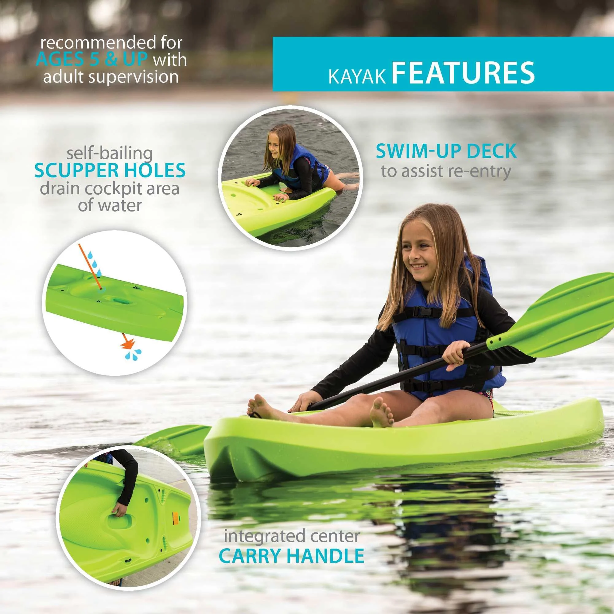Recruit 6 5 ft Youth Sit on Top Kayak, Lime Green (90765)(Lime Green) Image 8